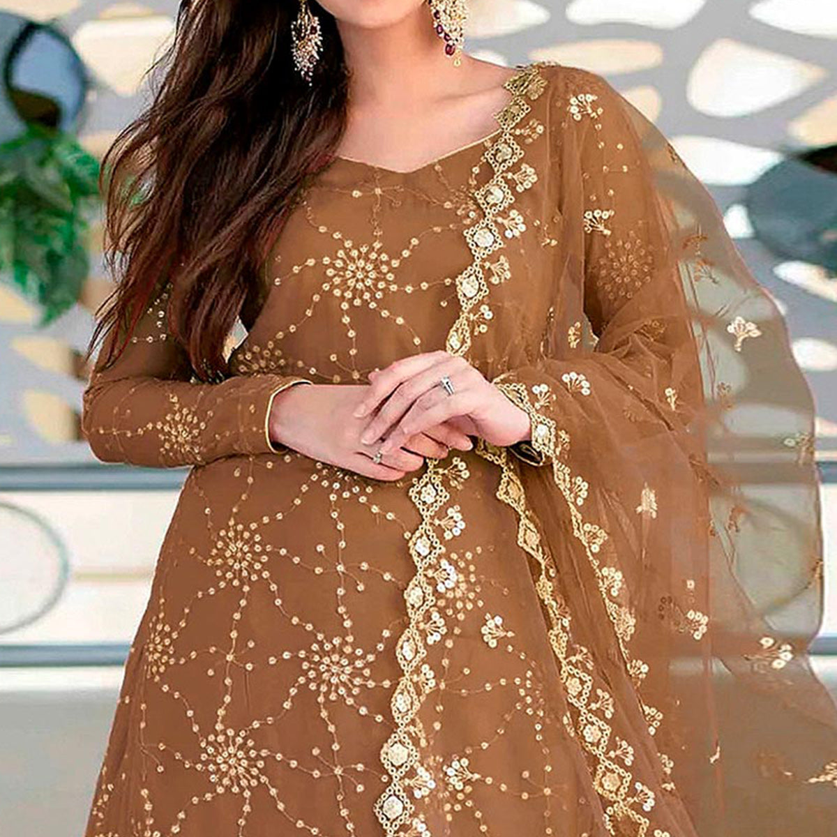 Brown Sequins Embroidered Georgette Semi Stitched Gharara Style Suit