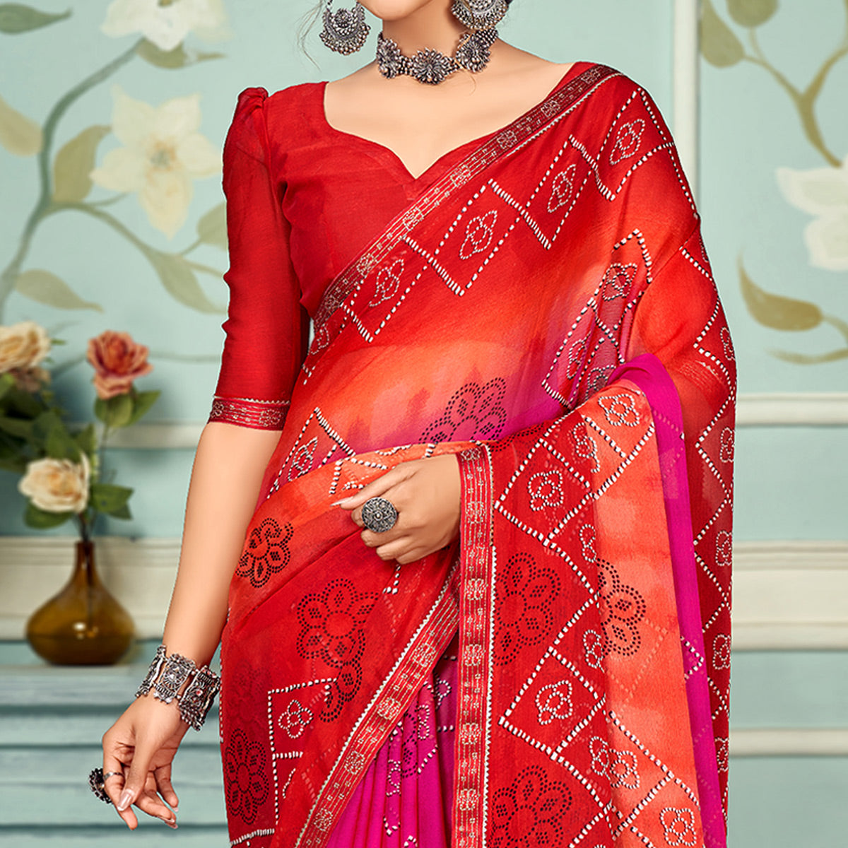 Red Digital Bandhani Printed Chiffon Saree With Tassels