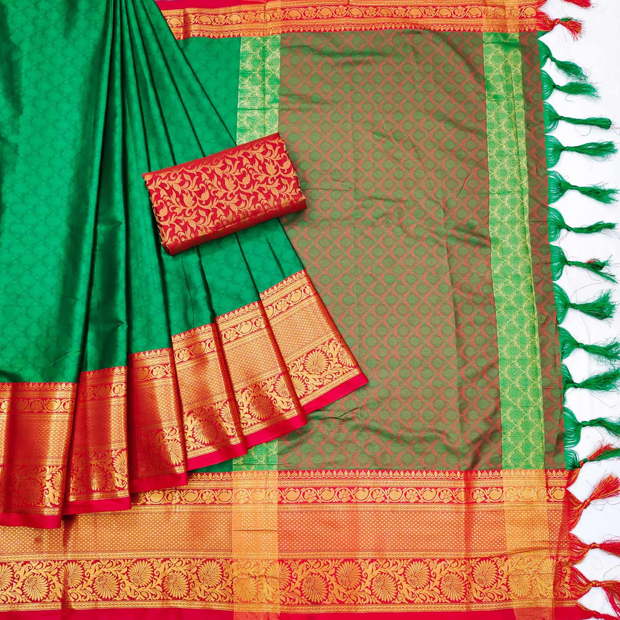 Green Printed And Woven Cotton Silk Saree With Tassels