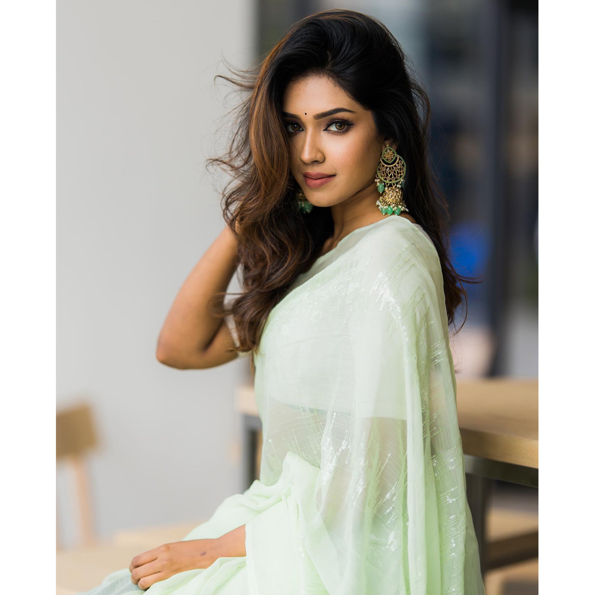 Pista Green Sequins Embroidered Zomato Silk Saree With Tassels