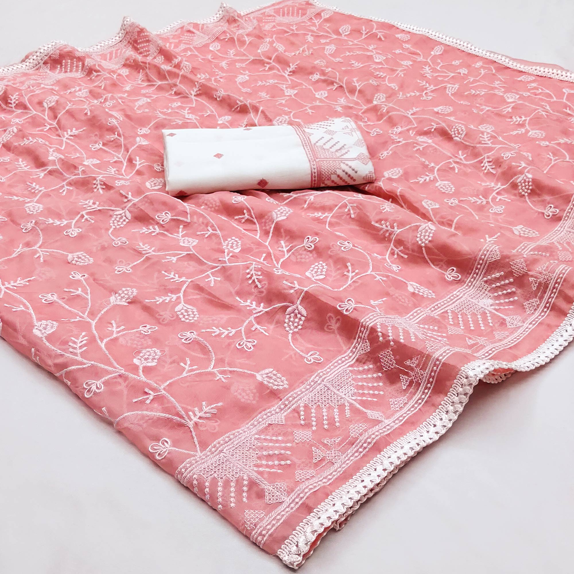 Peach Lucknowi Work Organza Saree