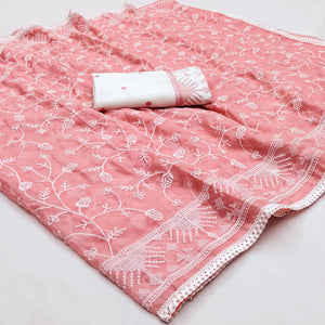 Peach Lucknowi Work Organza Saree