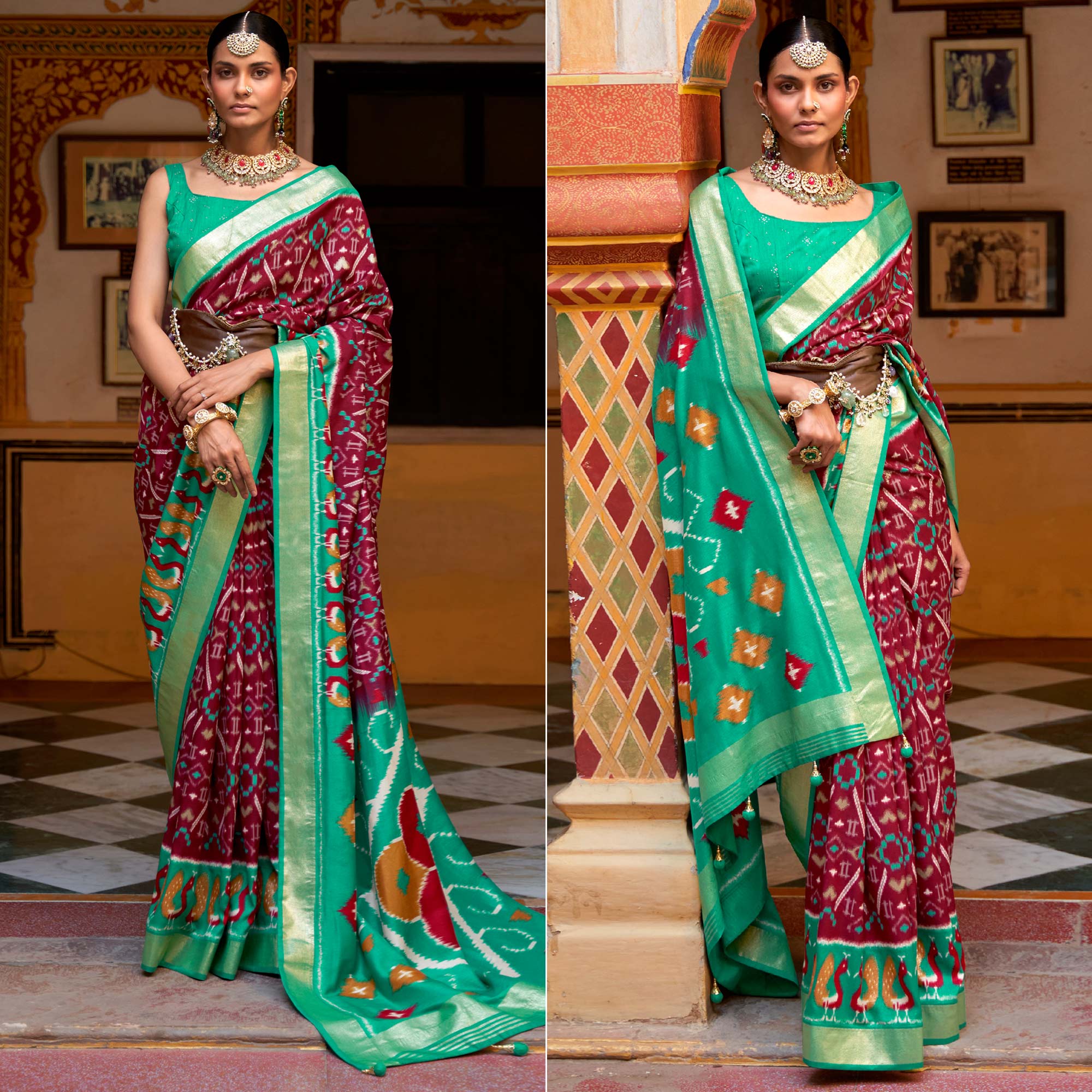 Maroon & Sea Green Printed Art Silk Saree