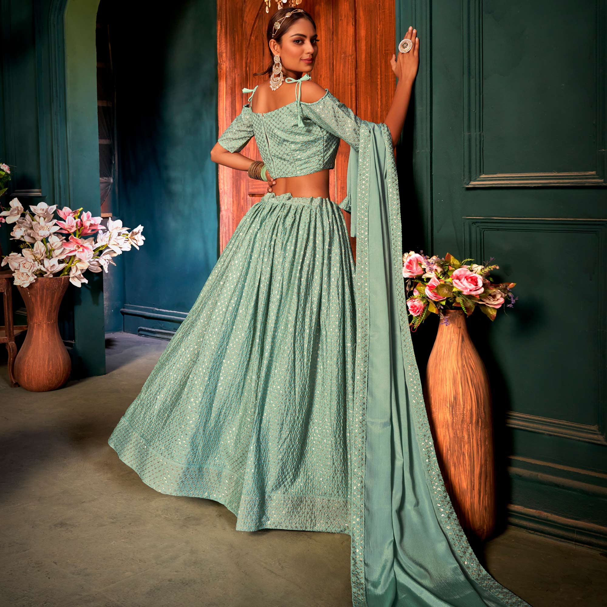 Sea Green Sequins Embroidered Chiffon Lehenga Choli