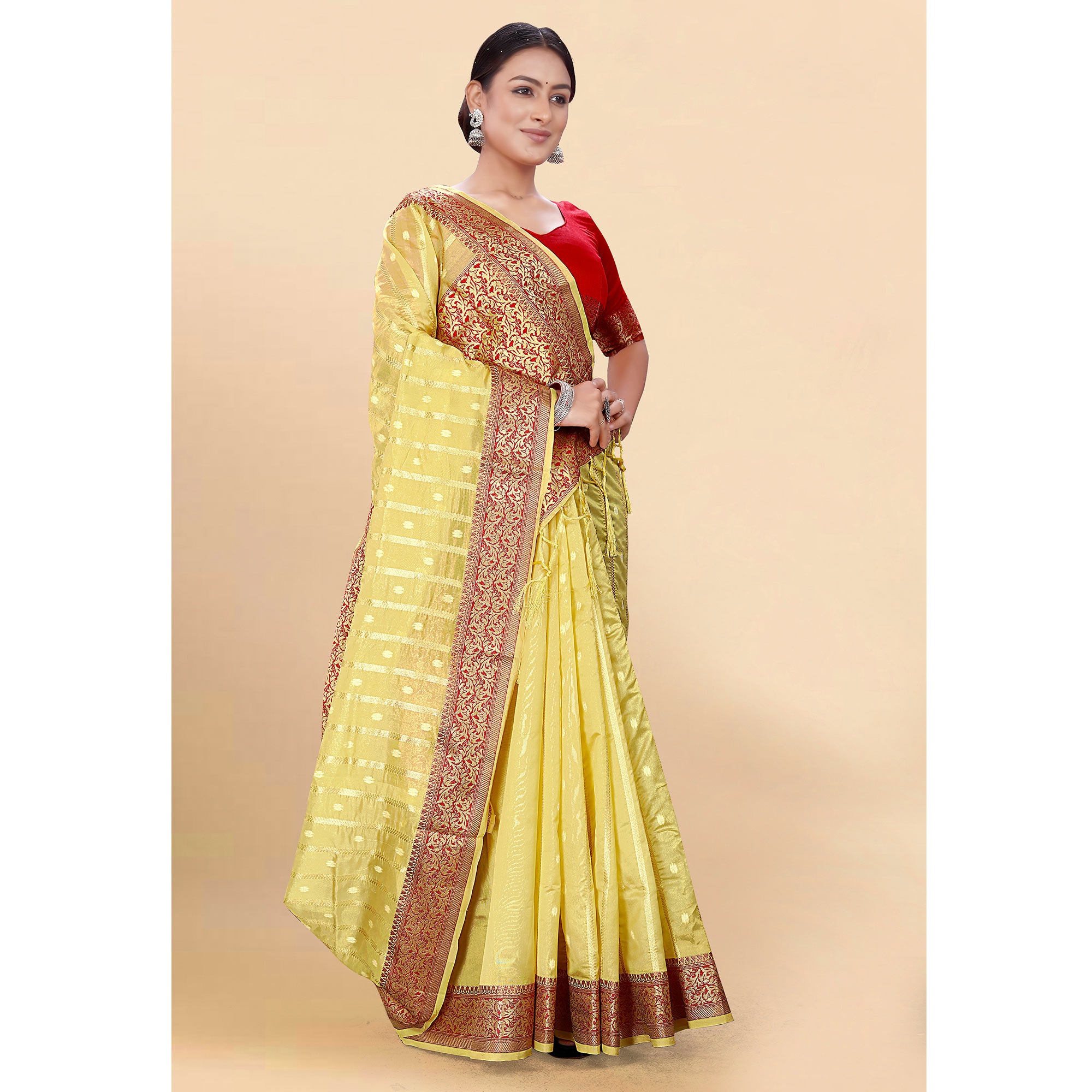 Yellow Woven Organza Saree With Tassels