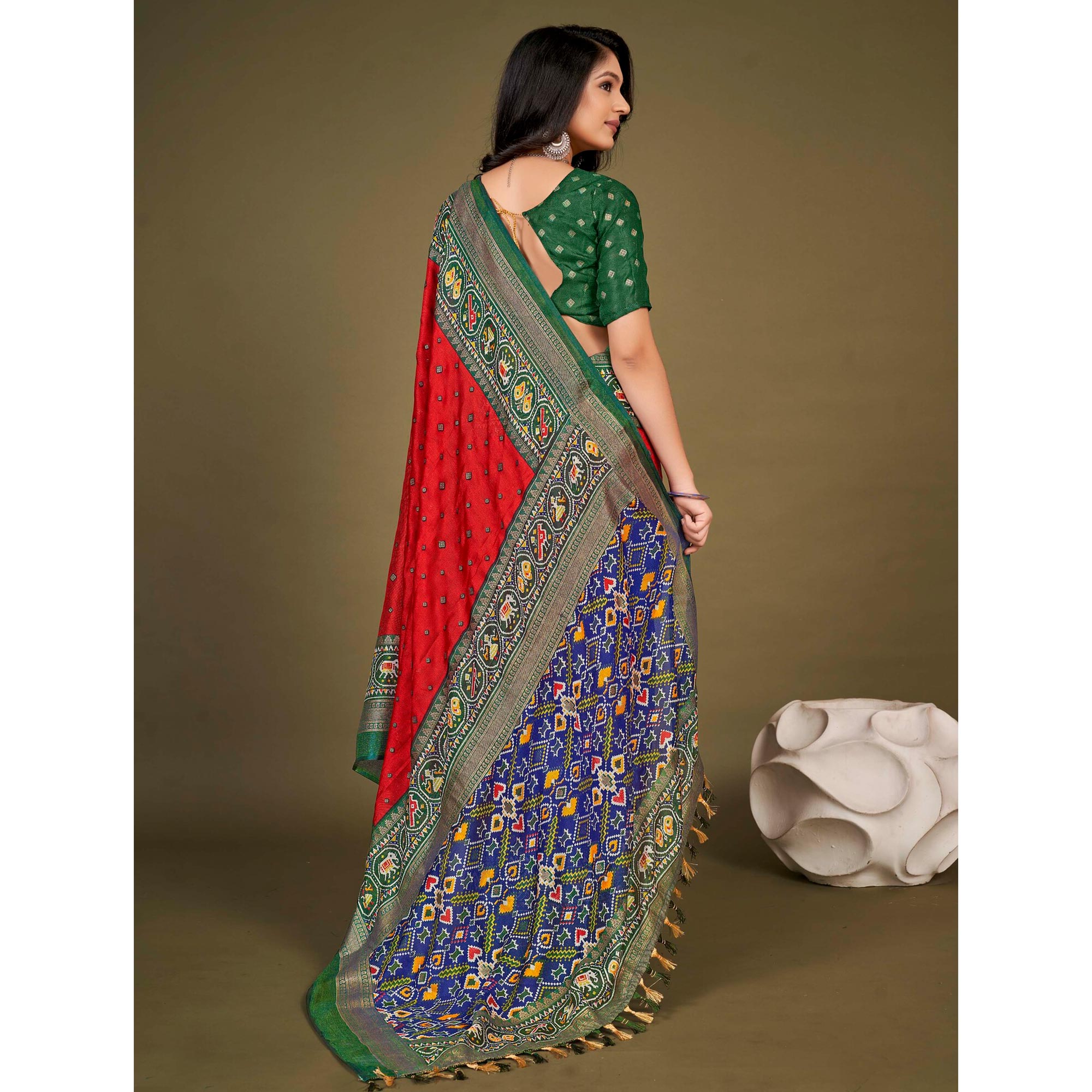 Red Printed Jute Patola Saree With Tassels