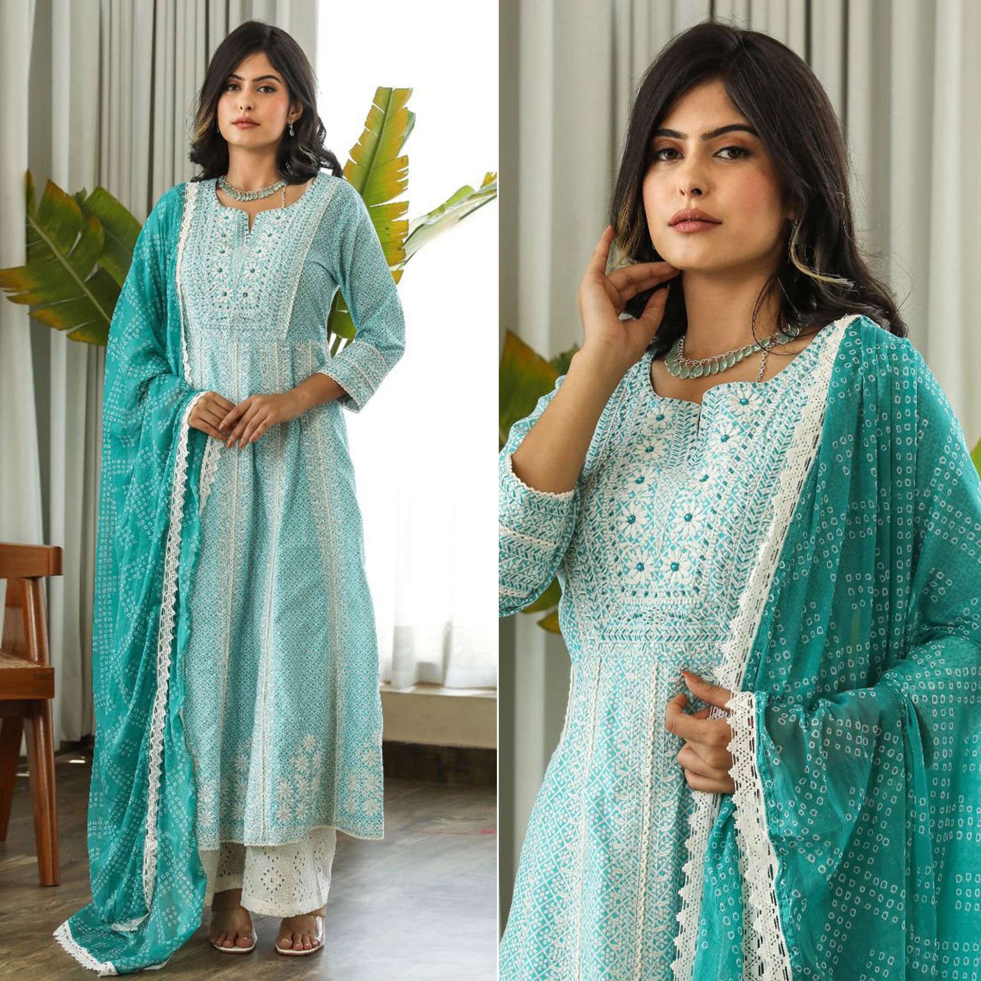 Blue Floral Embroidered Pure Cotton Crosia Border Anarkali Suit