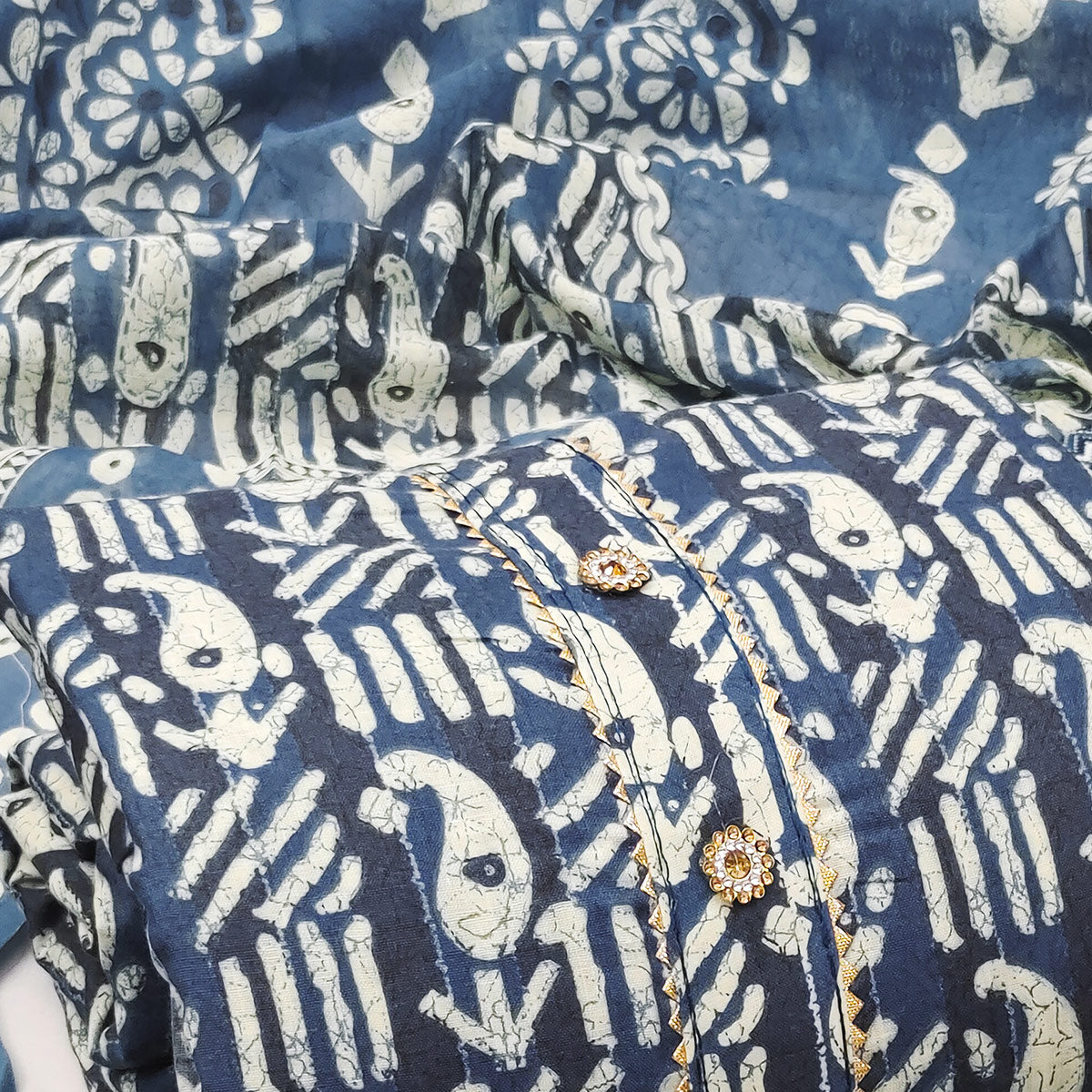 Blue Printed Cotton Blend Dress Material