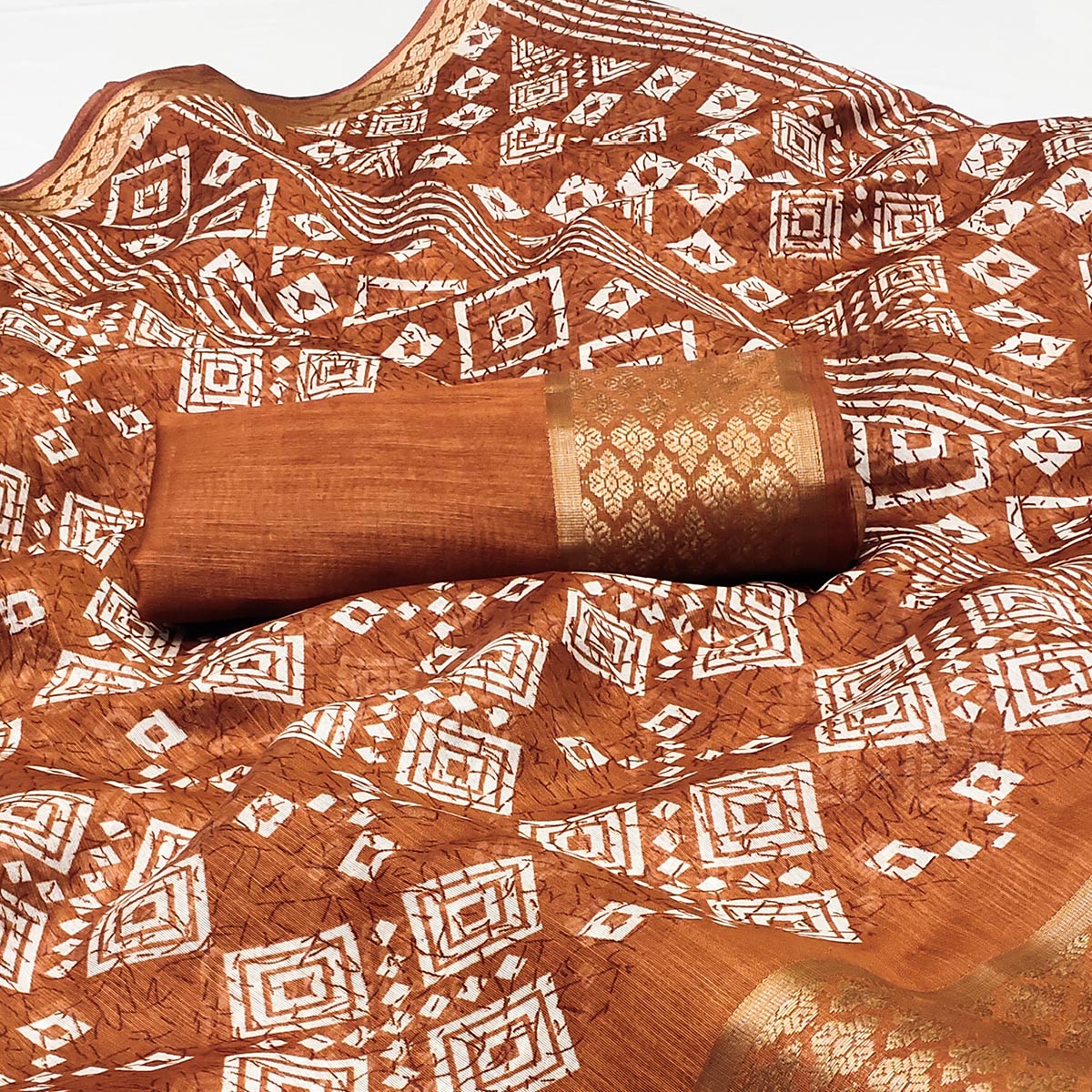 Rust Printed Cotton Silk Saree