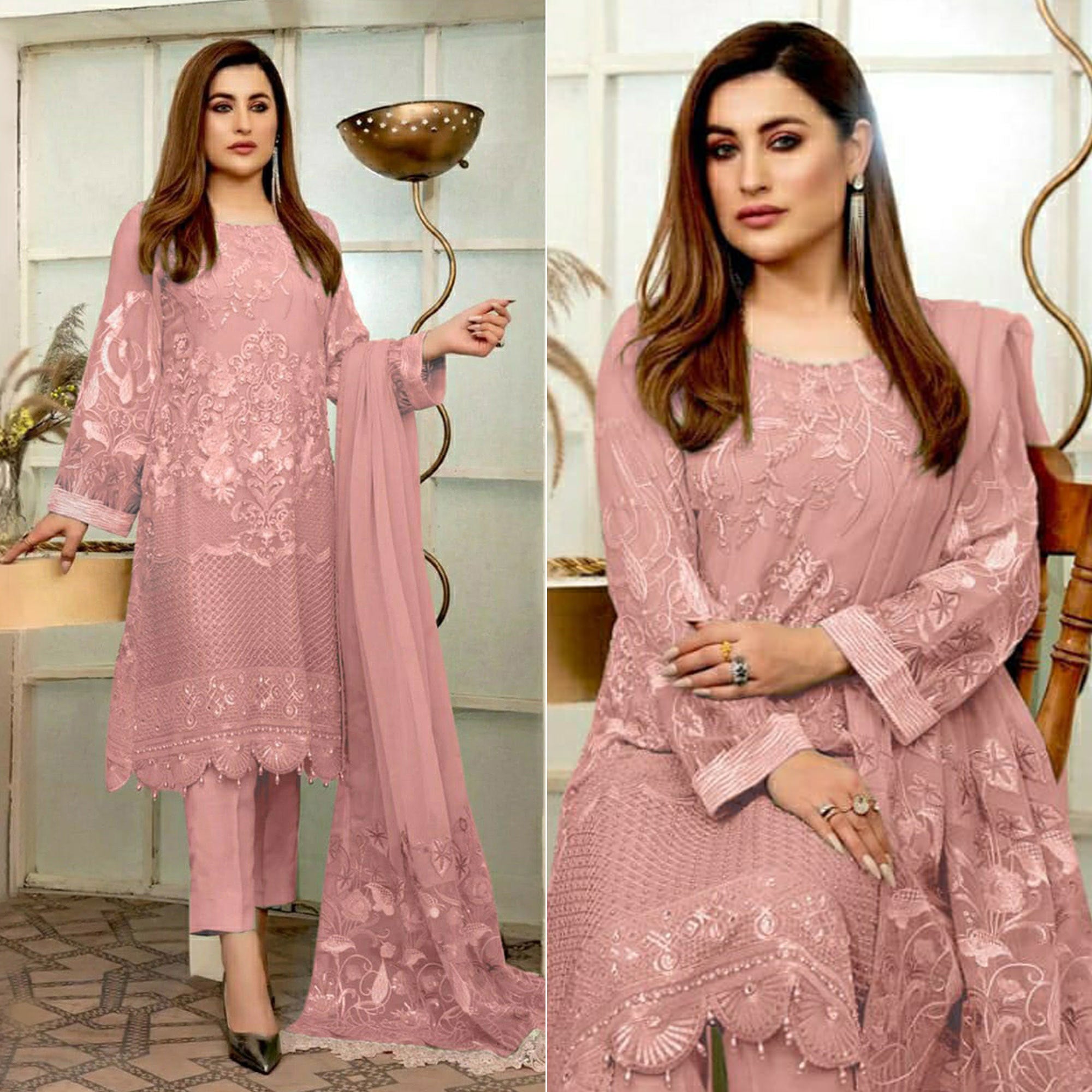 Pink Embroidered Georgette Pakistani Suit