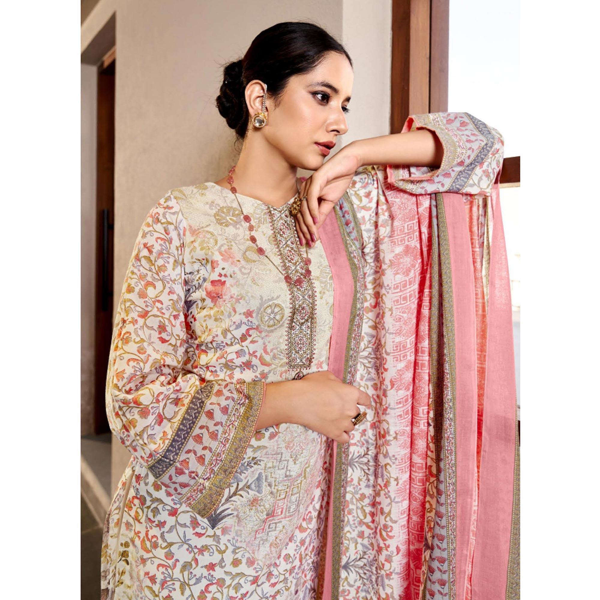 White & Pink Floral Print With Embroidered Pure Cotton Salwar Suit