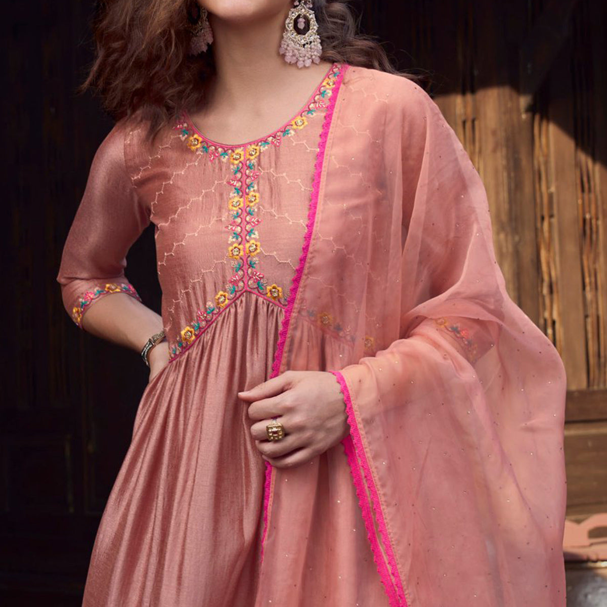 Peach Floral Embroidered Art Silk Naira Cut Suit