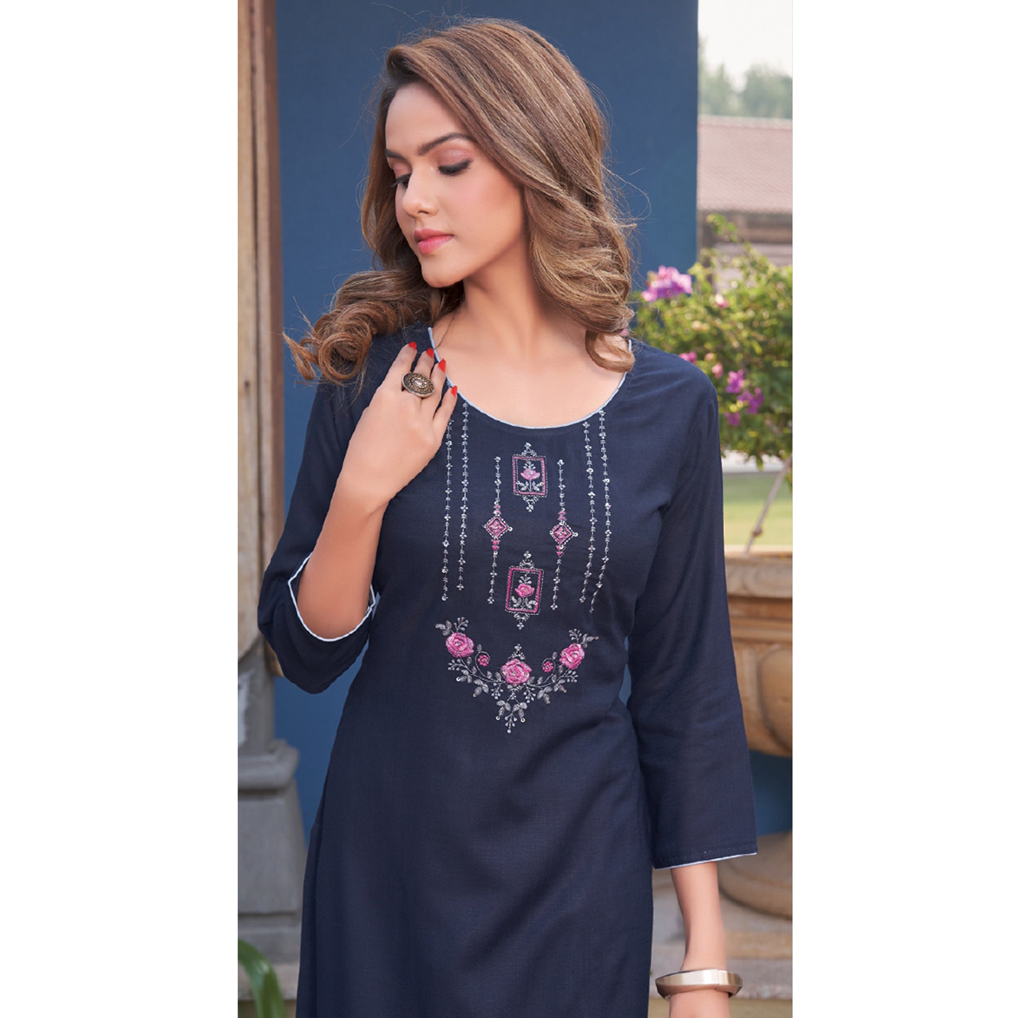 Navy Blue Embroidered Rayon Kurti