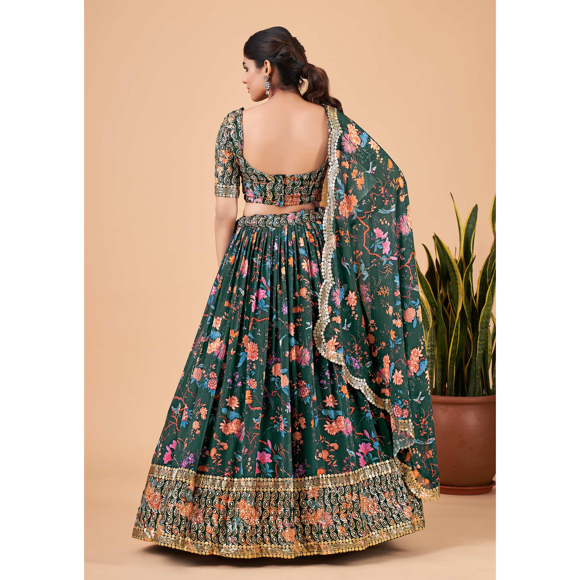 Green Floral Printed And Sequins Work Georgette Lehenga Choli