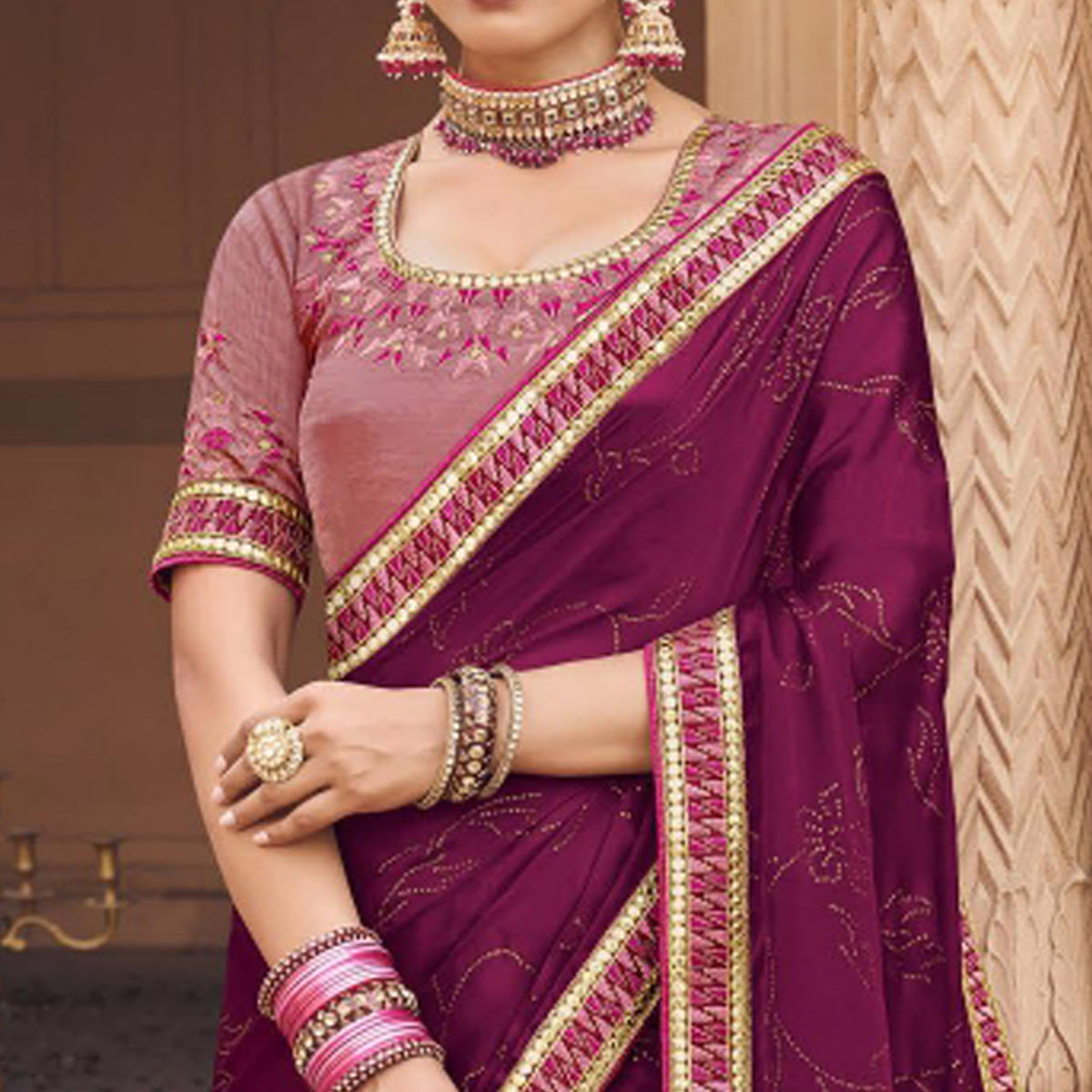 Purple Embellished With Embroidered Border Satin Saree