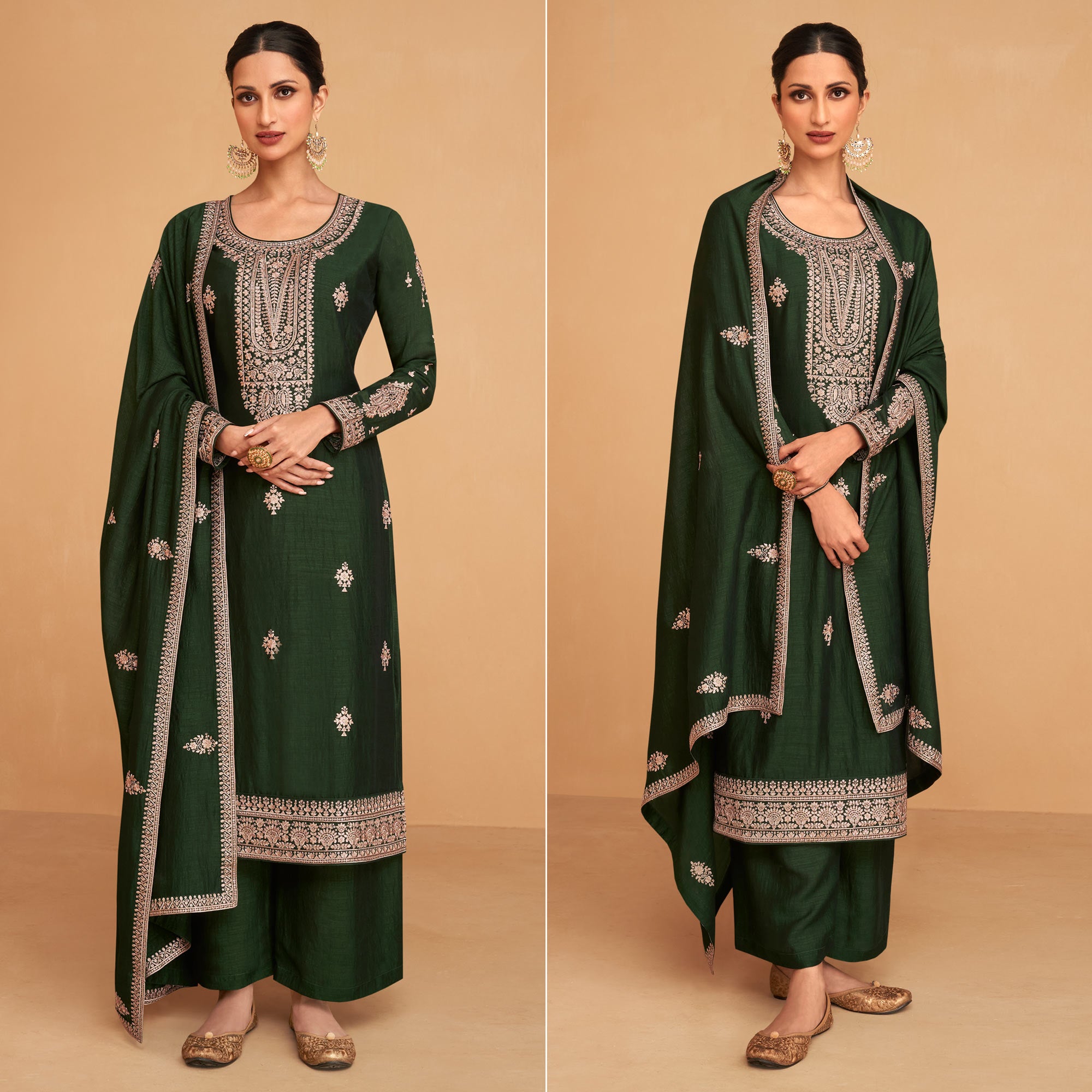 Green Embroidered Art Silk Palazzo Suit
