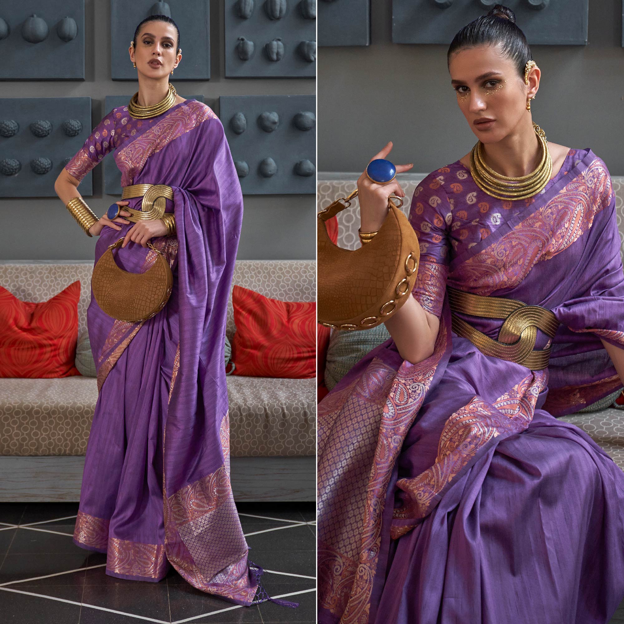 Violet Woven Tussar Silk Saree With Tassels