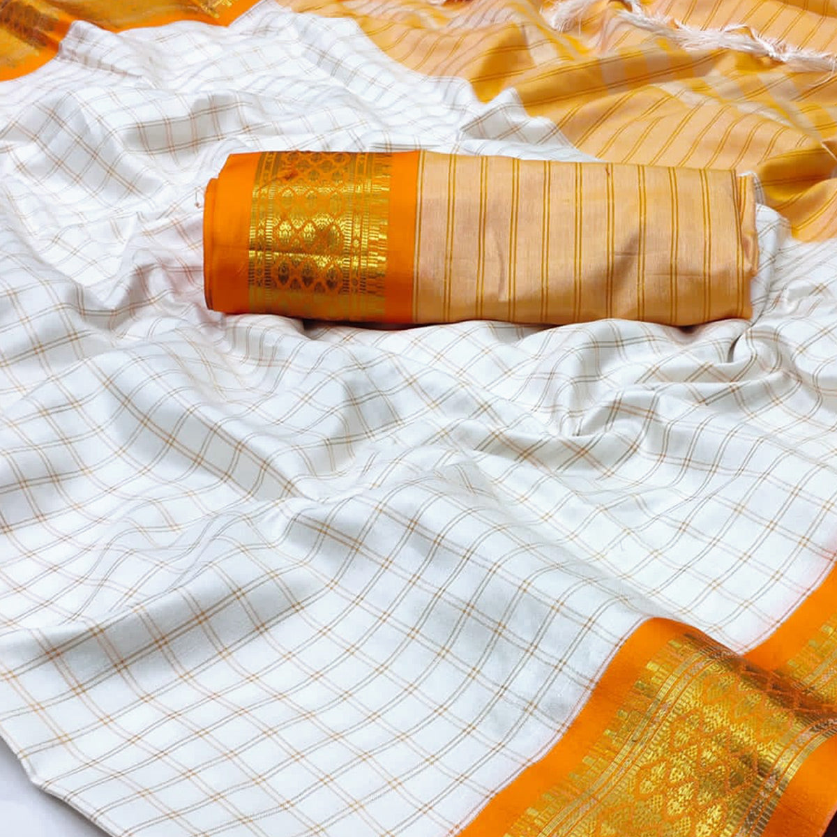 White & Orange Checks With Woven Border Cotton Silk Saree