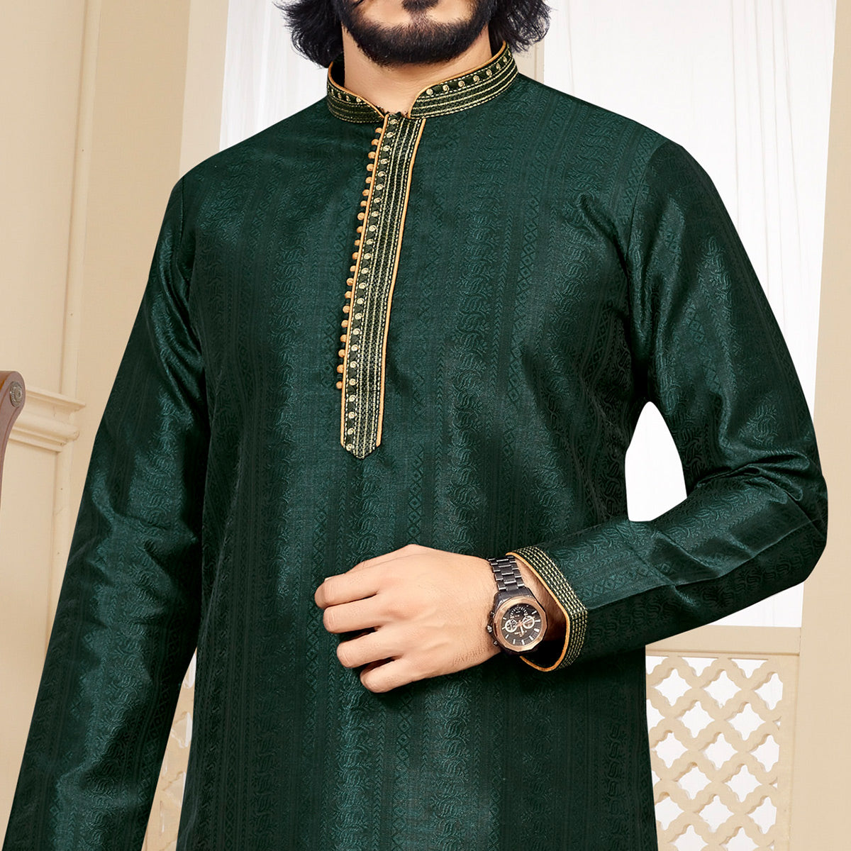 Green Woven Jacquard Kurta Pyjama Set