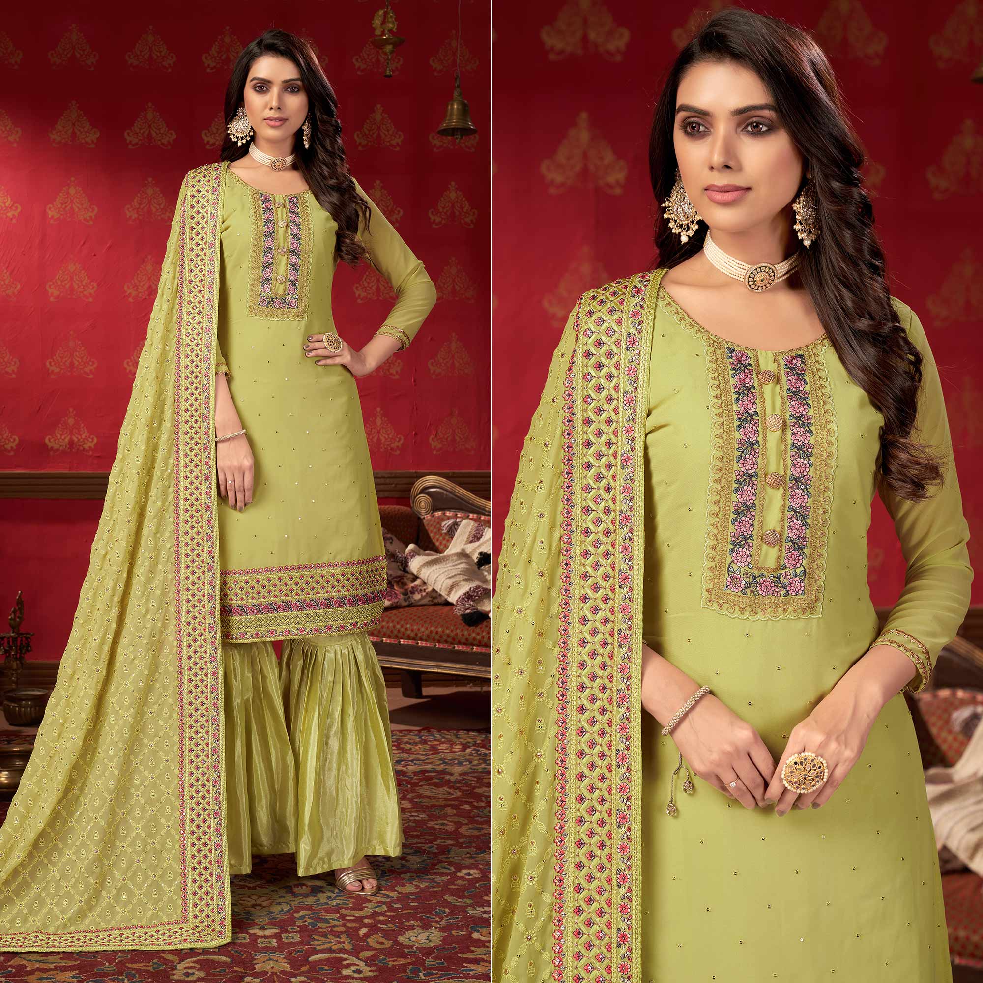 Pista Green Embroidered Georgette Sharara Suit