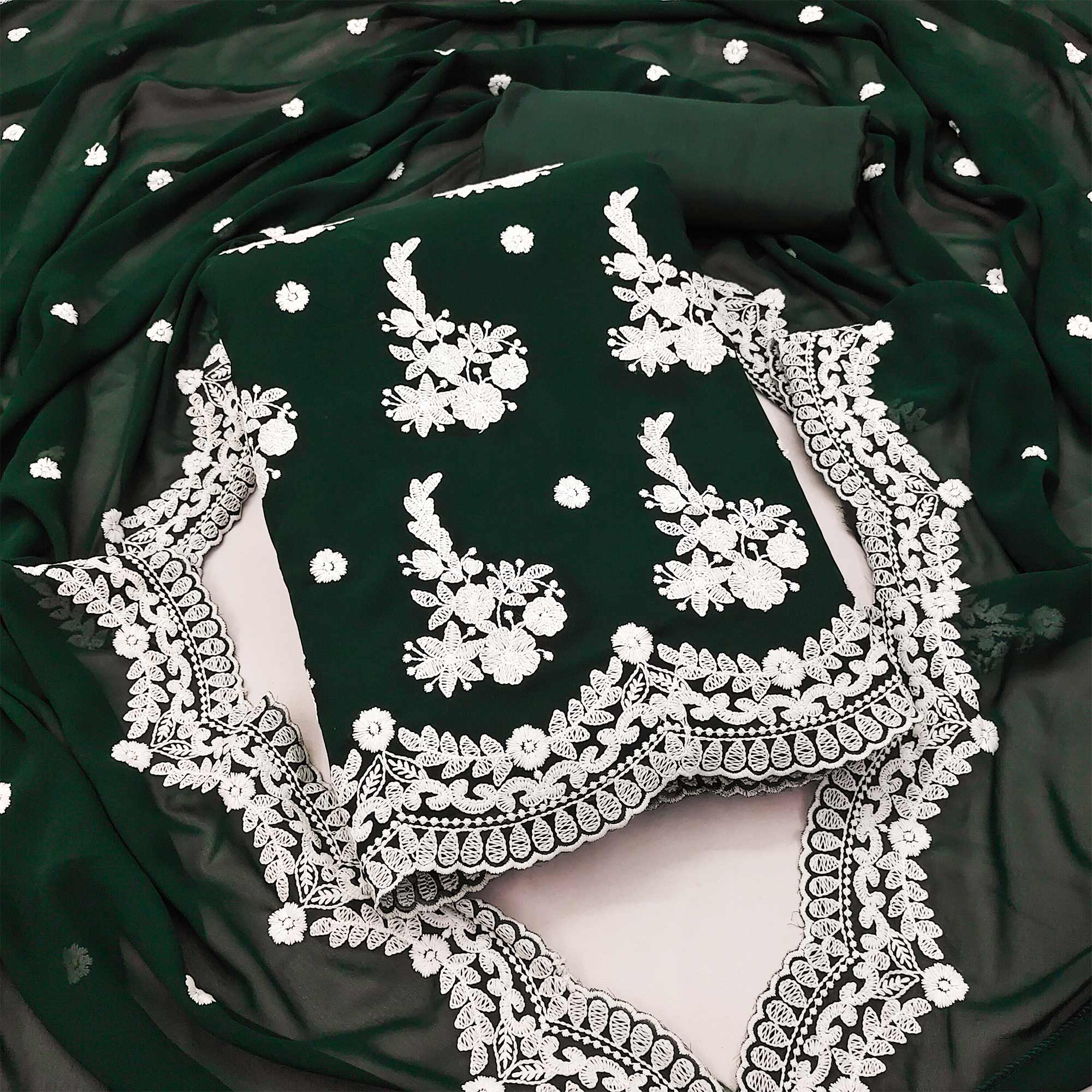 Bottle Green Floral Embroidered Georgette Dress Material