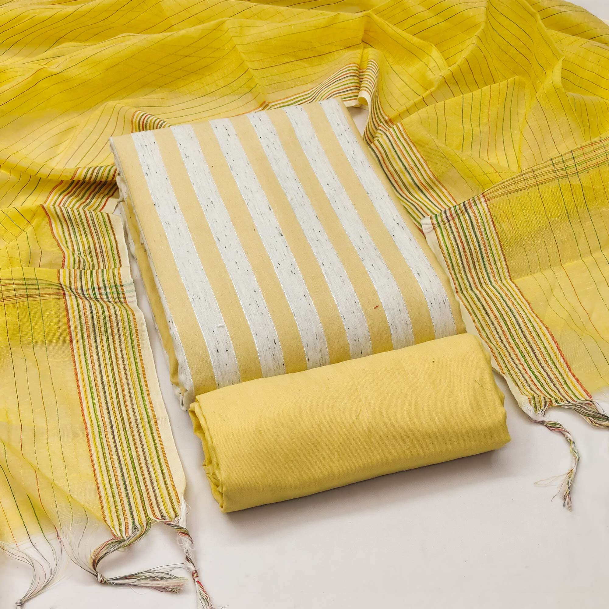 Yellow Striped Printed With Woven Cotton Blend Dress Material