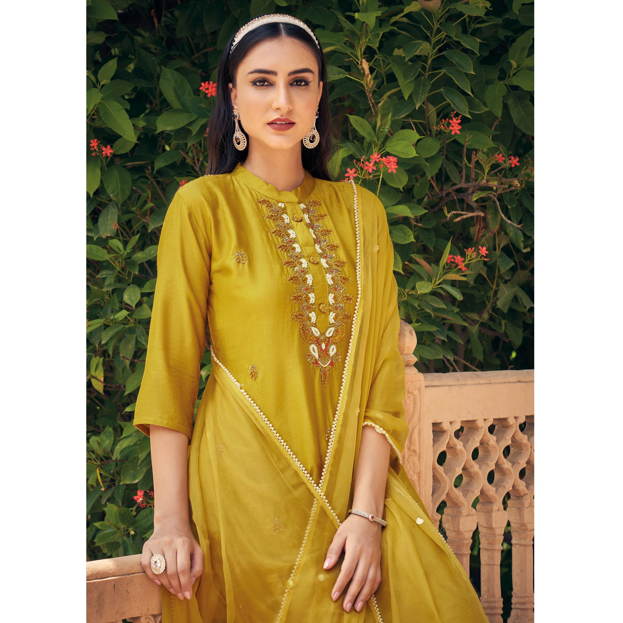 Mustard Embellished Viscose Salwar Suit