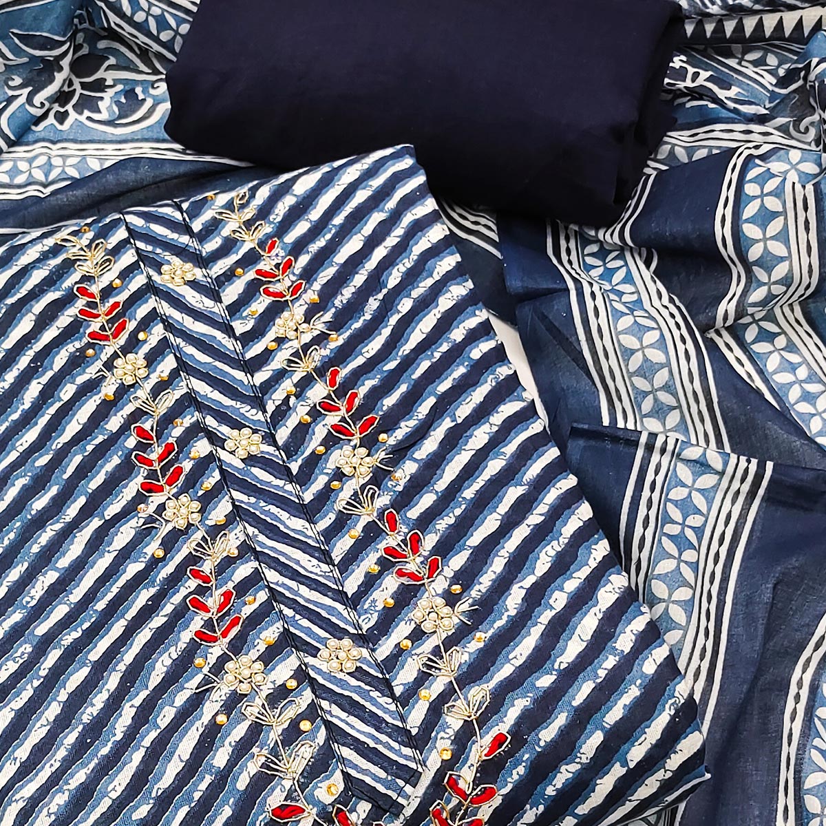 Blue Striped Printed Pure Cotton Dress Material