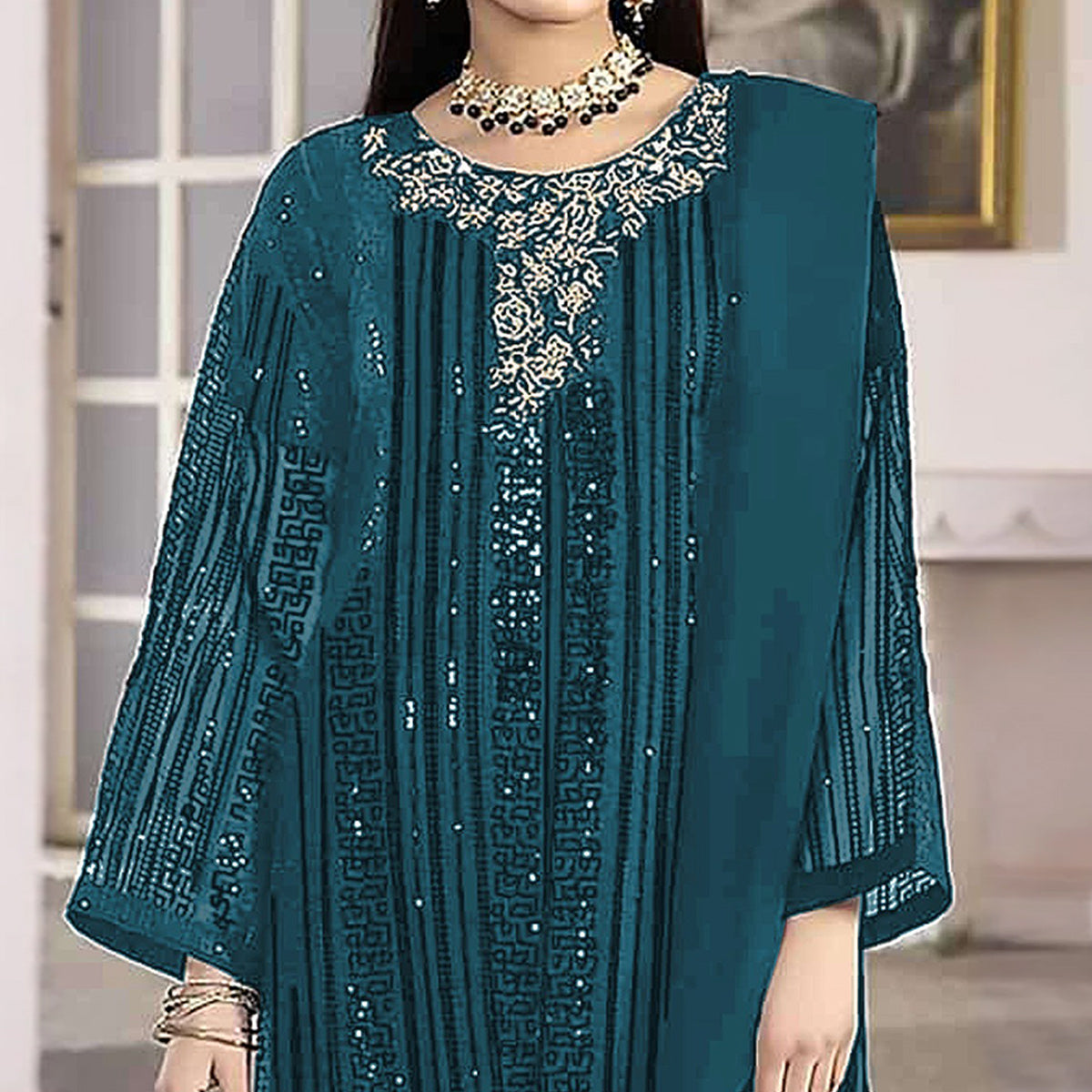 Teal Blue Sequins Embroidered Georgette Pakistani Suit