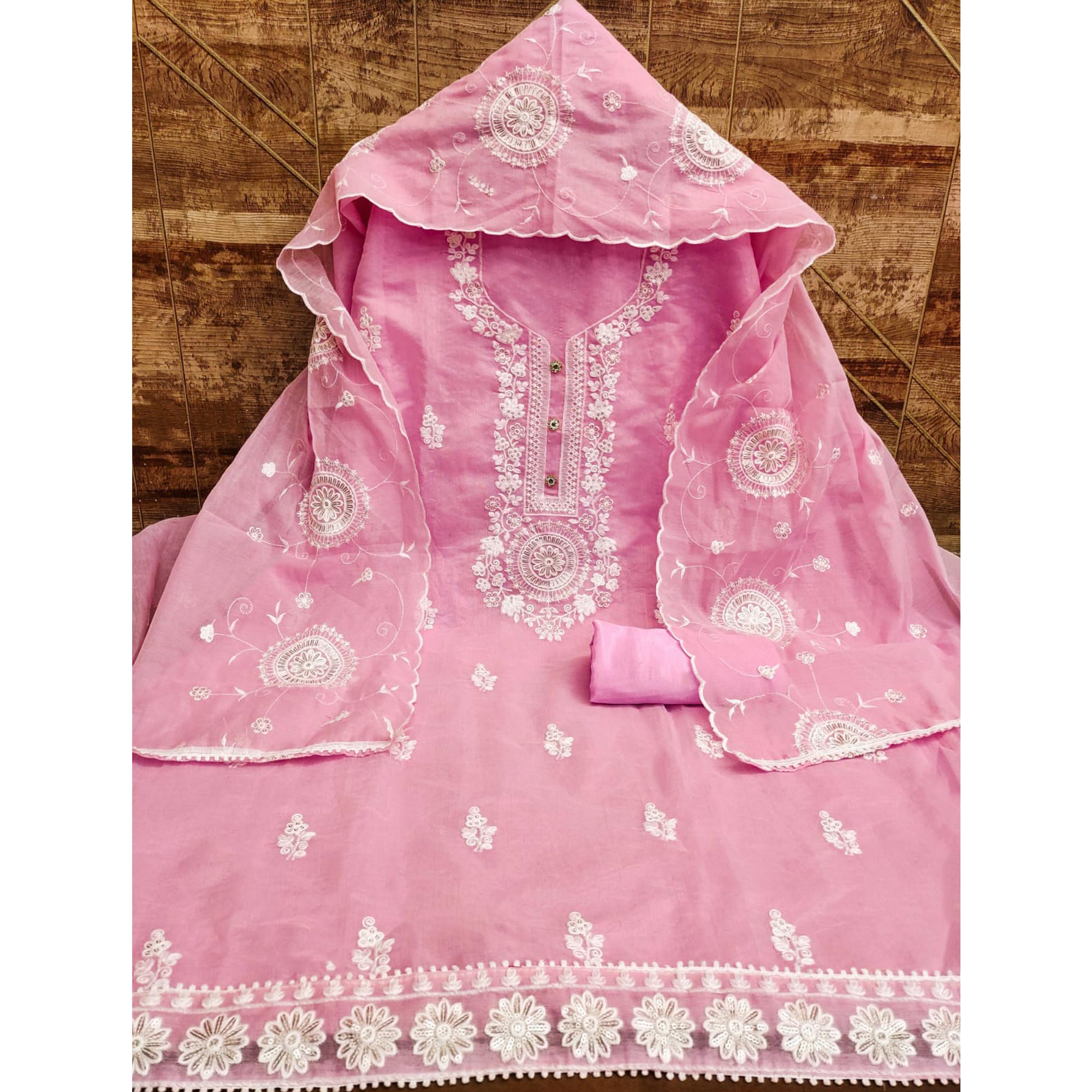 Pink Floral Embroidered Chanderi Dress Material