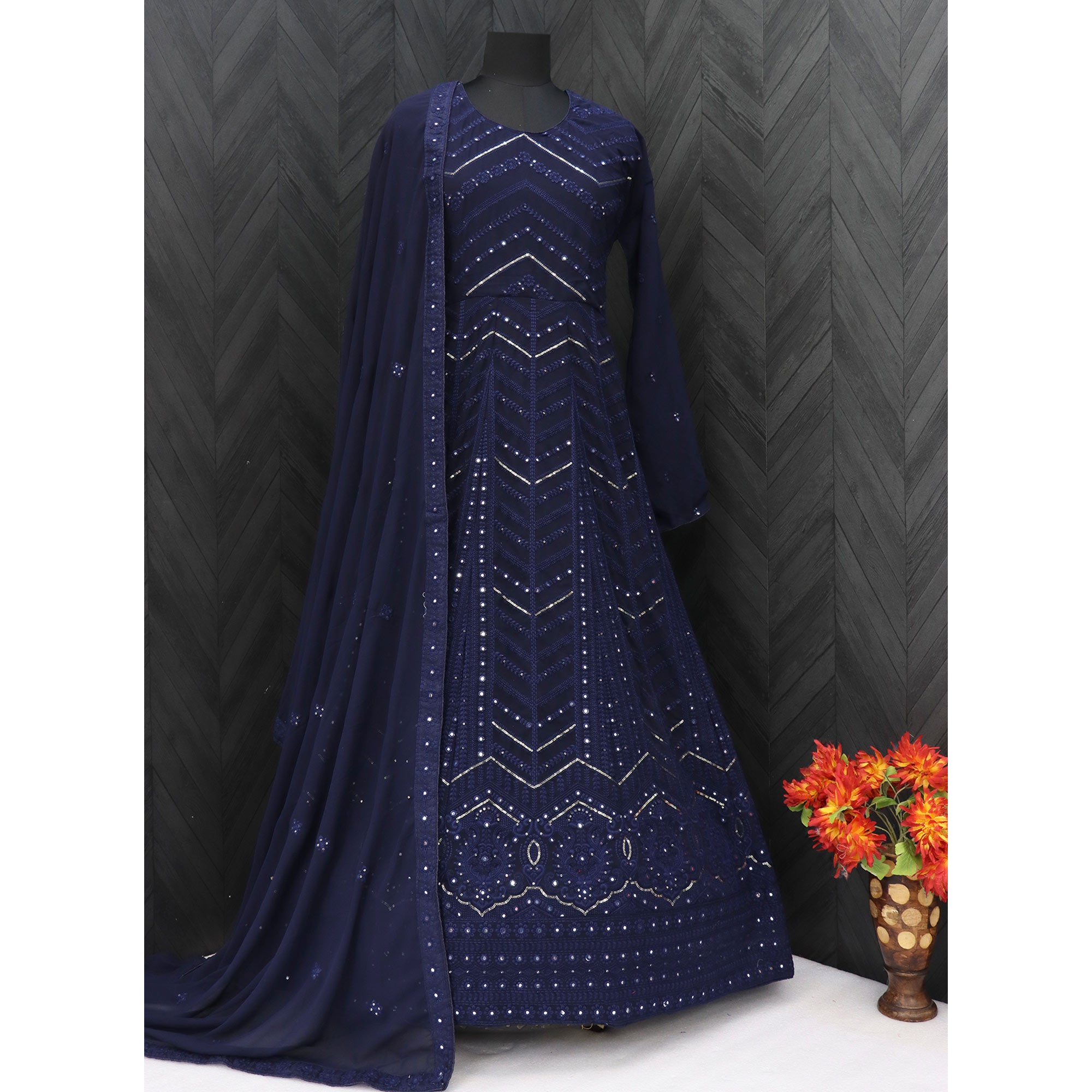 Navy Blue Sequins Embroidered Georgette Semi Stitched Anarkali Suit