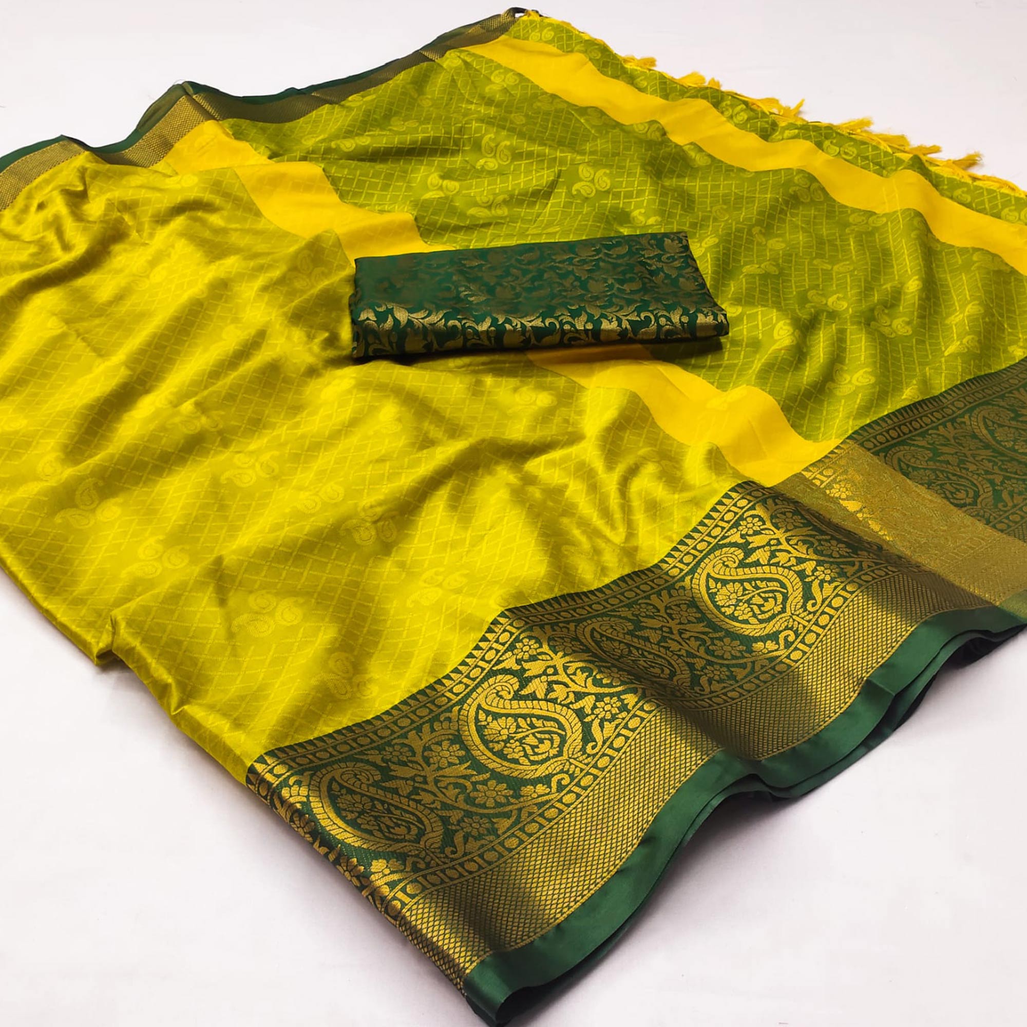 Lemon Green Woven Cotton Silk Saree With Tassels