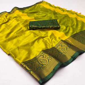 Lemon Green Woven Cotton Silk Saree With Tassels