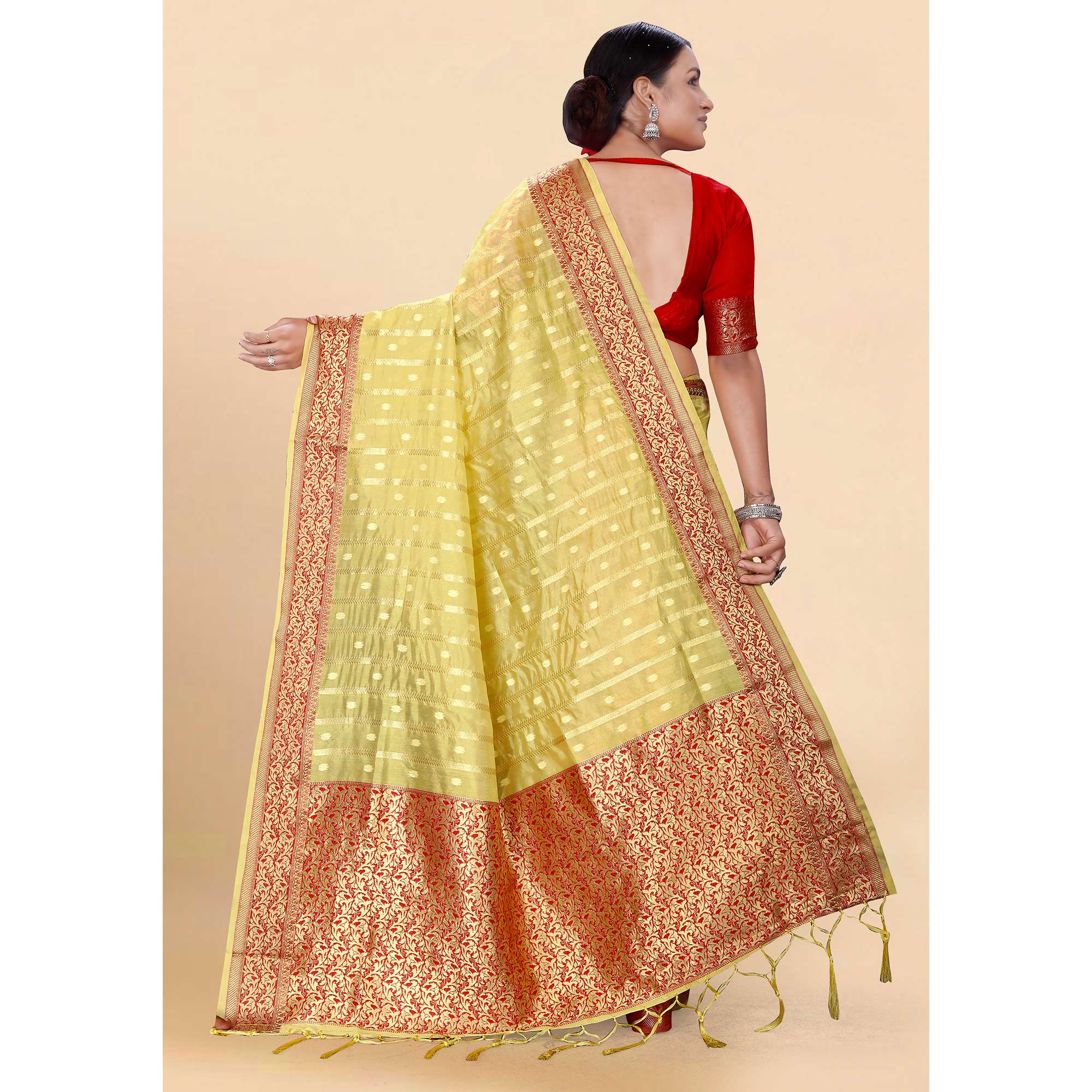 Yellow Woven Organza Saree With Tassels