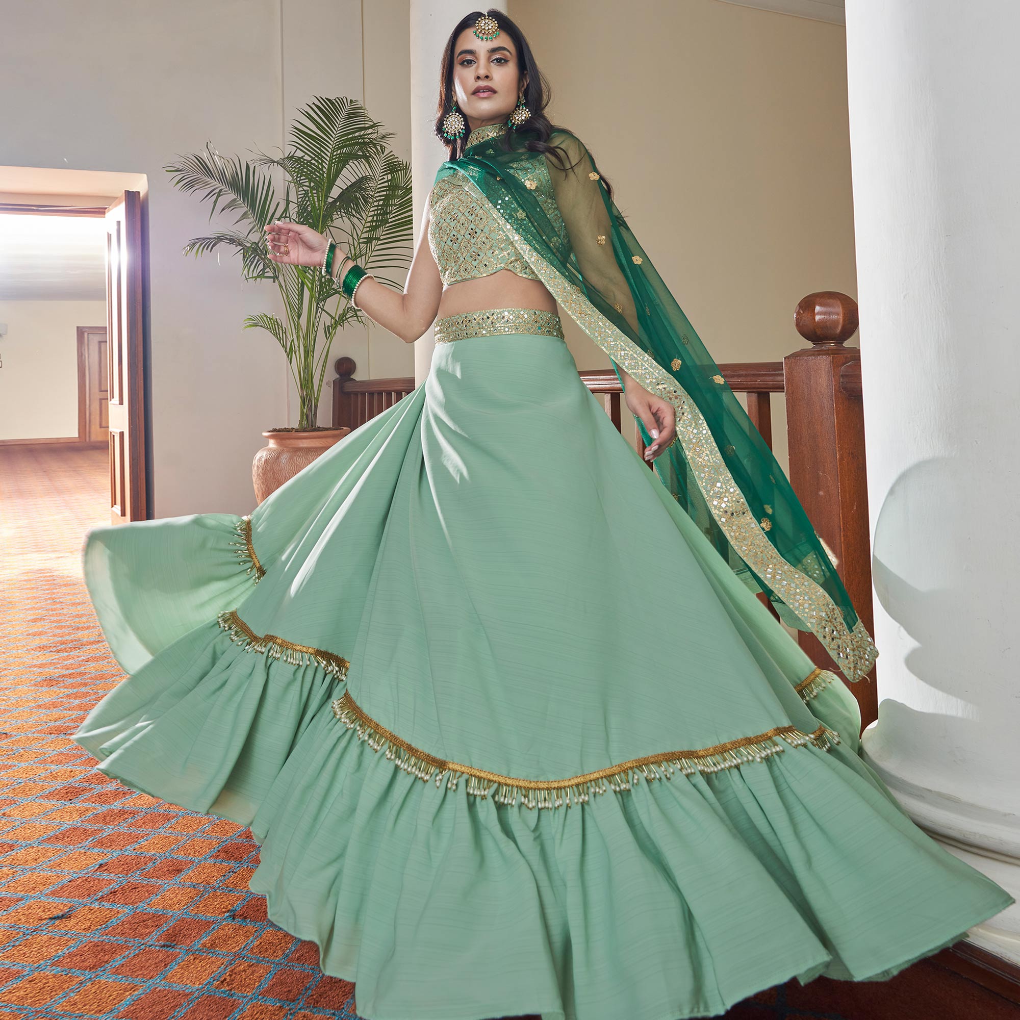 Sea Green Mirror Embroidered Art Silk Lehenga Choli