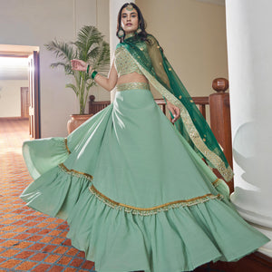 Sea Green Mirror Embroidered Art Silk Lehenga Choli