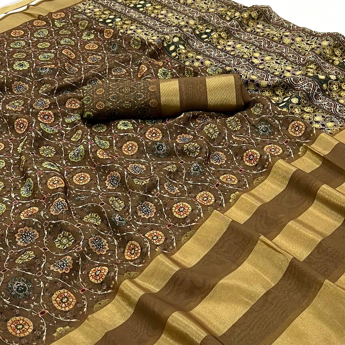 Brown Digital Floral Printed Viscose Saree