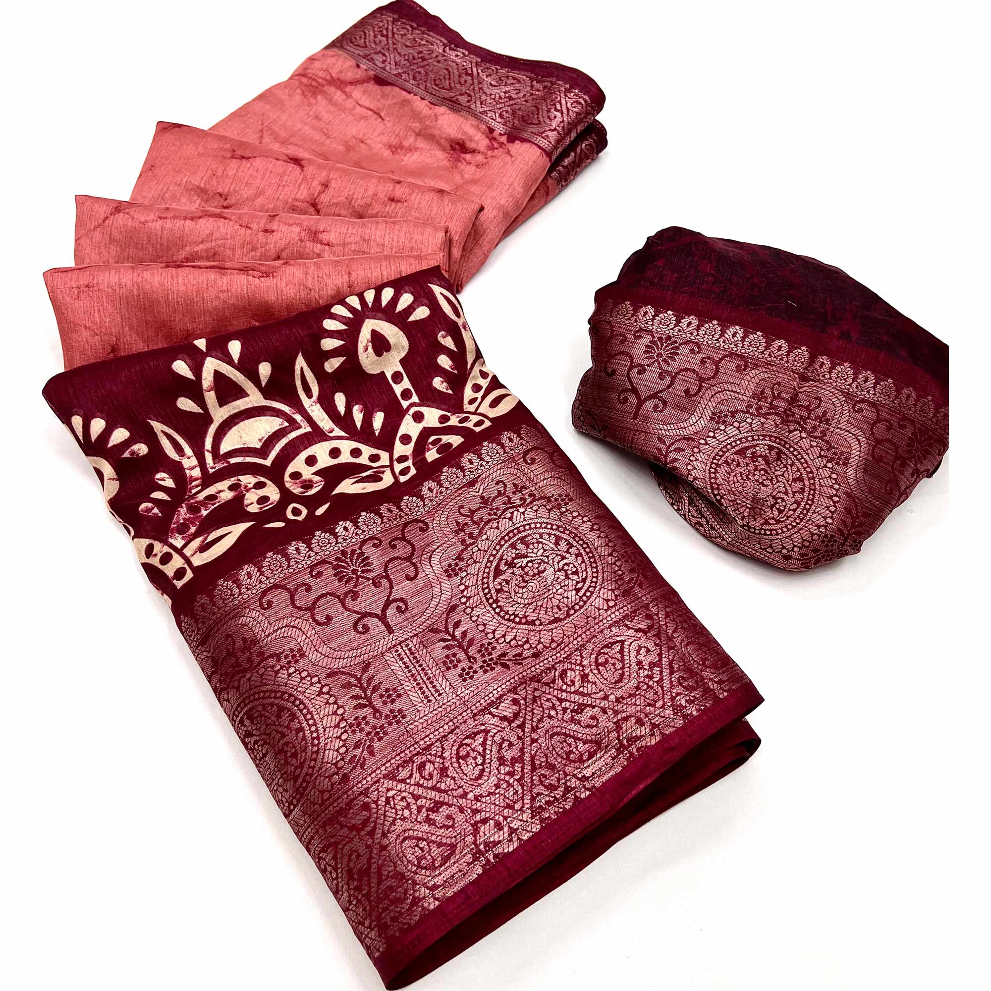 Pink Floral Printed With Woven Dola Silk Saree