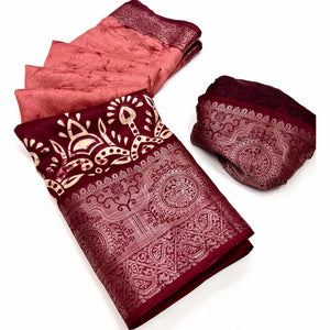 Pink Floral Printed With Woven Dola Silk Saree