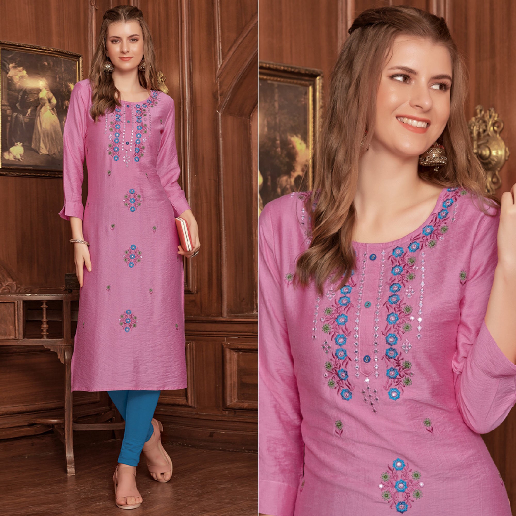 Pink Floral Embroidered Rayon Kurti