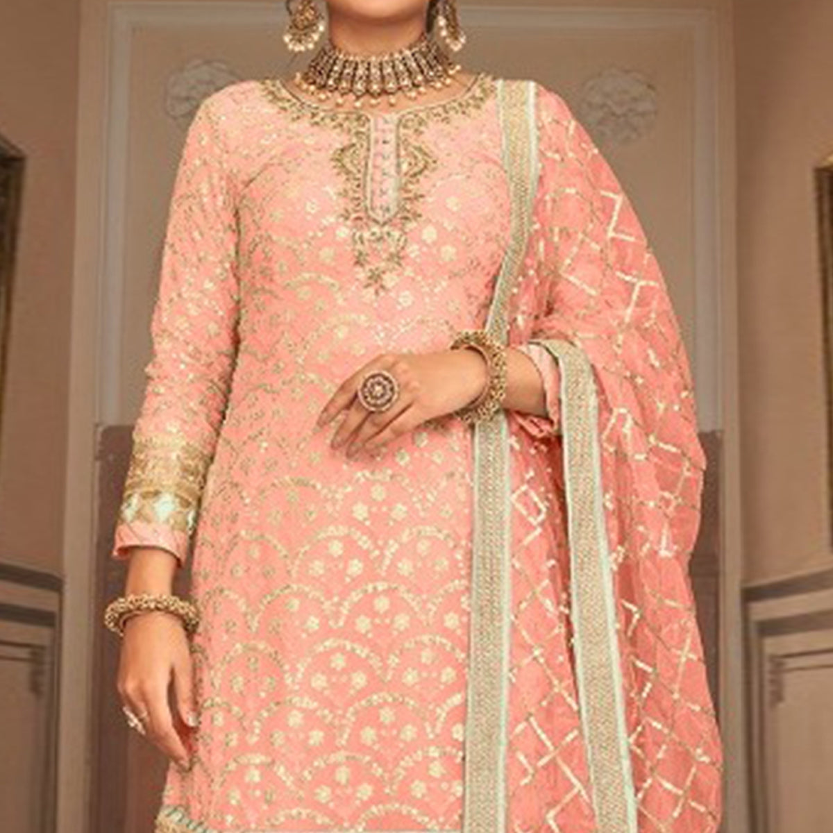 Baby Pink Woven Georgette Sharara Suit