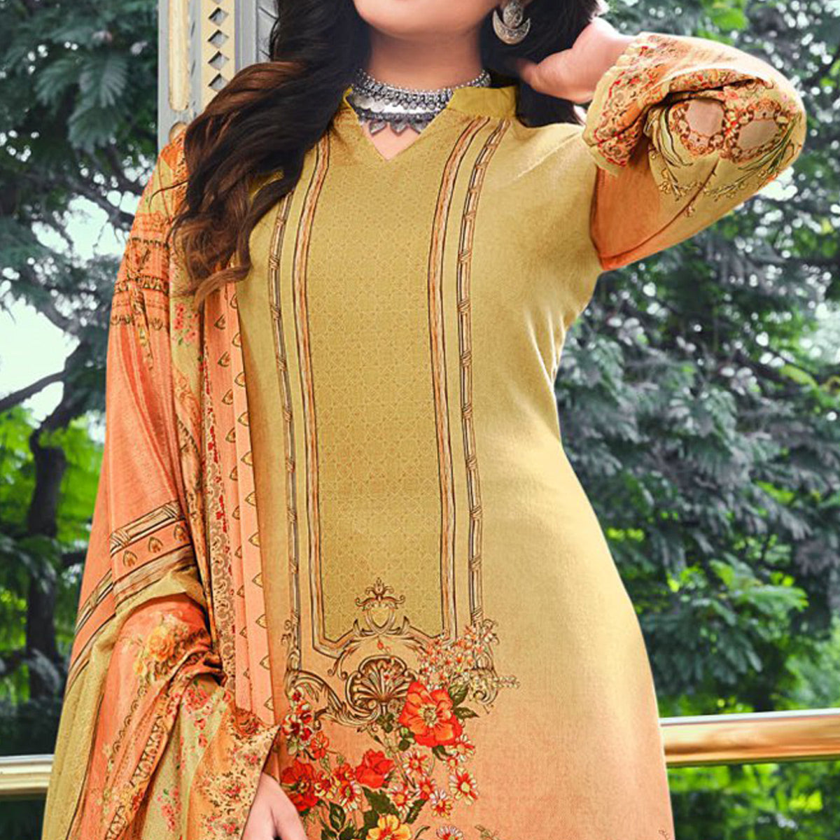 Green And Peach Digital Printed With Daman Embroidered Pure Cotton Pakistani Suit
