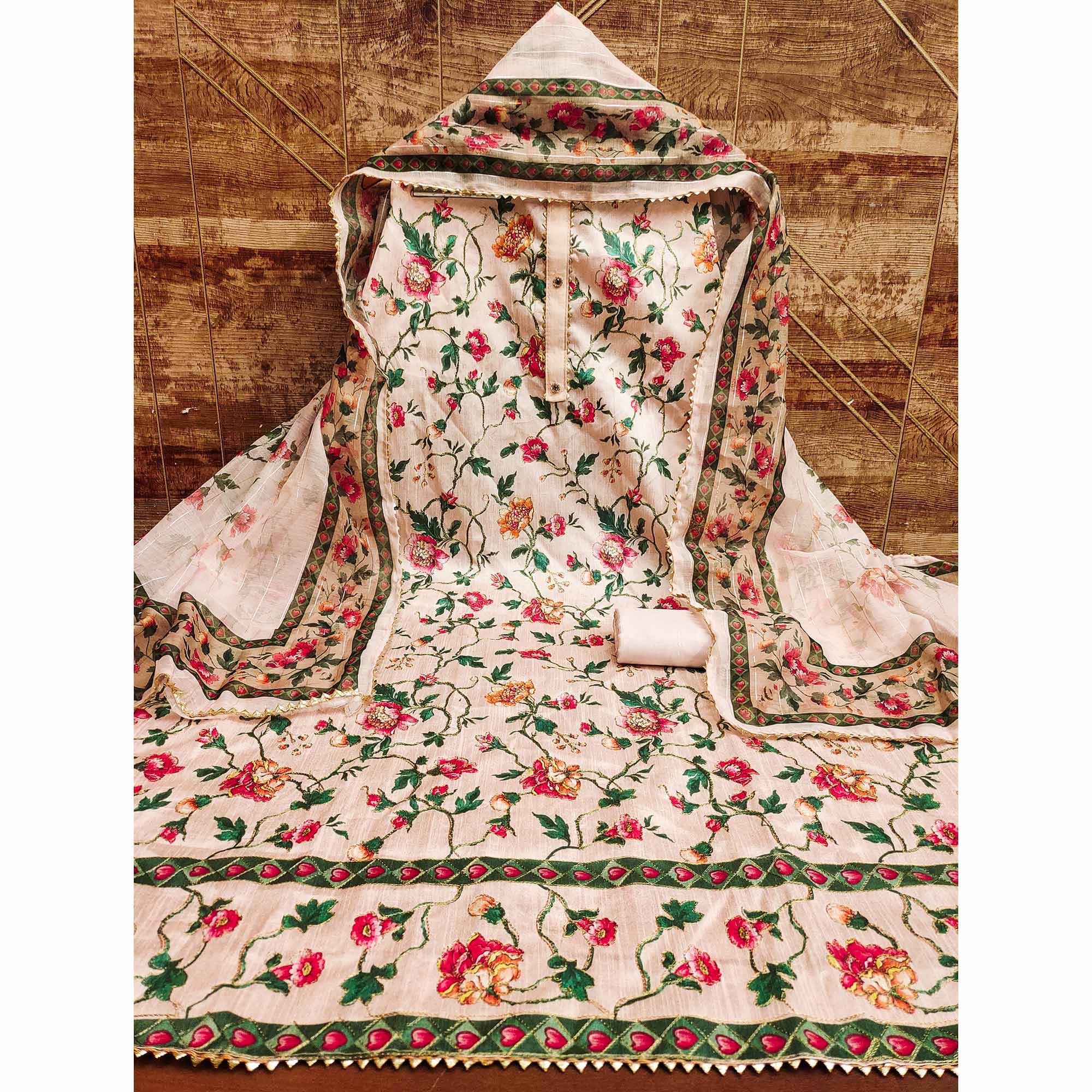 Peach Floral Printed Banglori Silk Dress Material