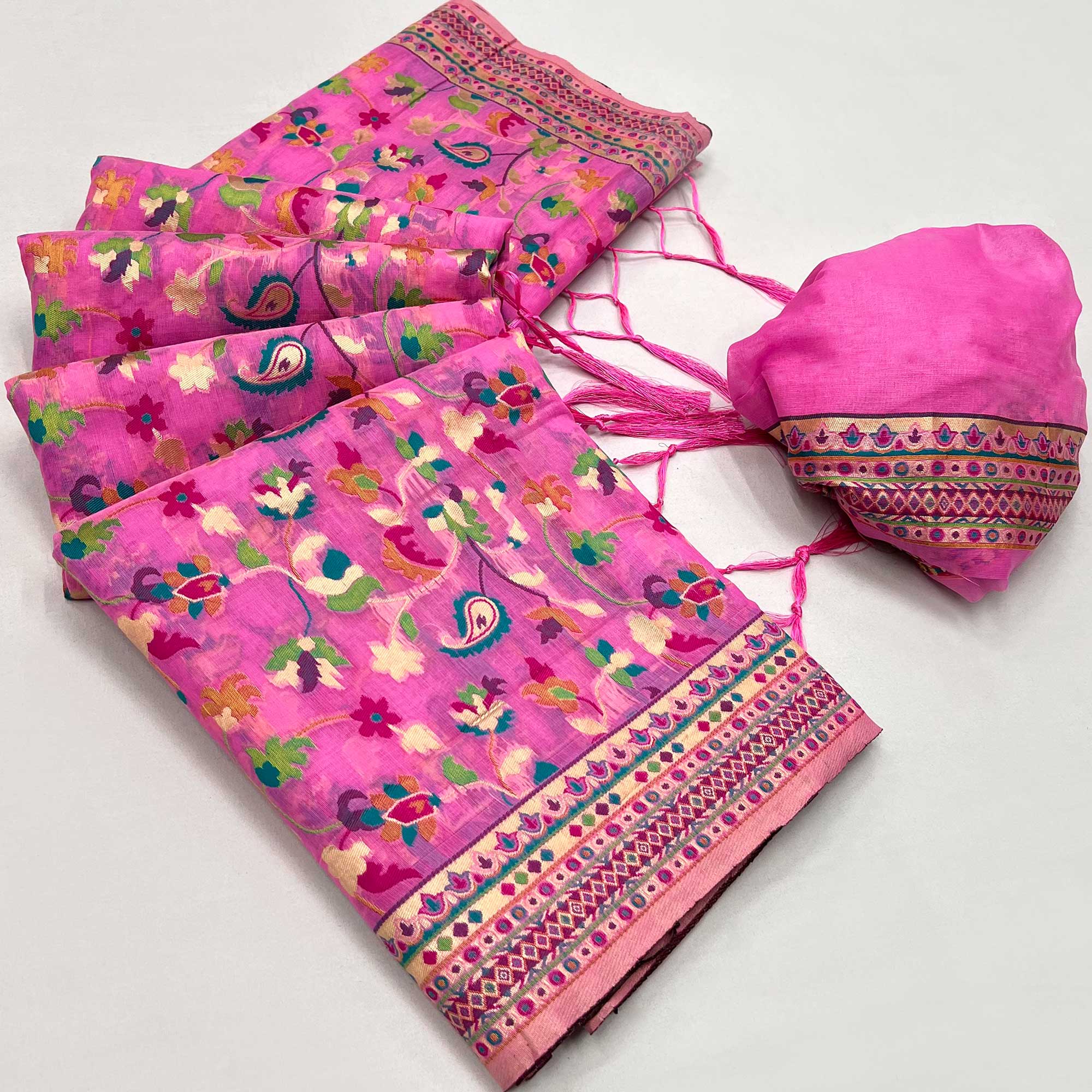 Pink Floral Woven Chanderi Saree