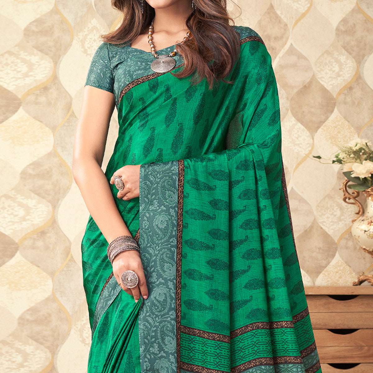 Green Printed Crepe Saree