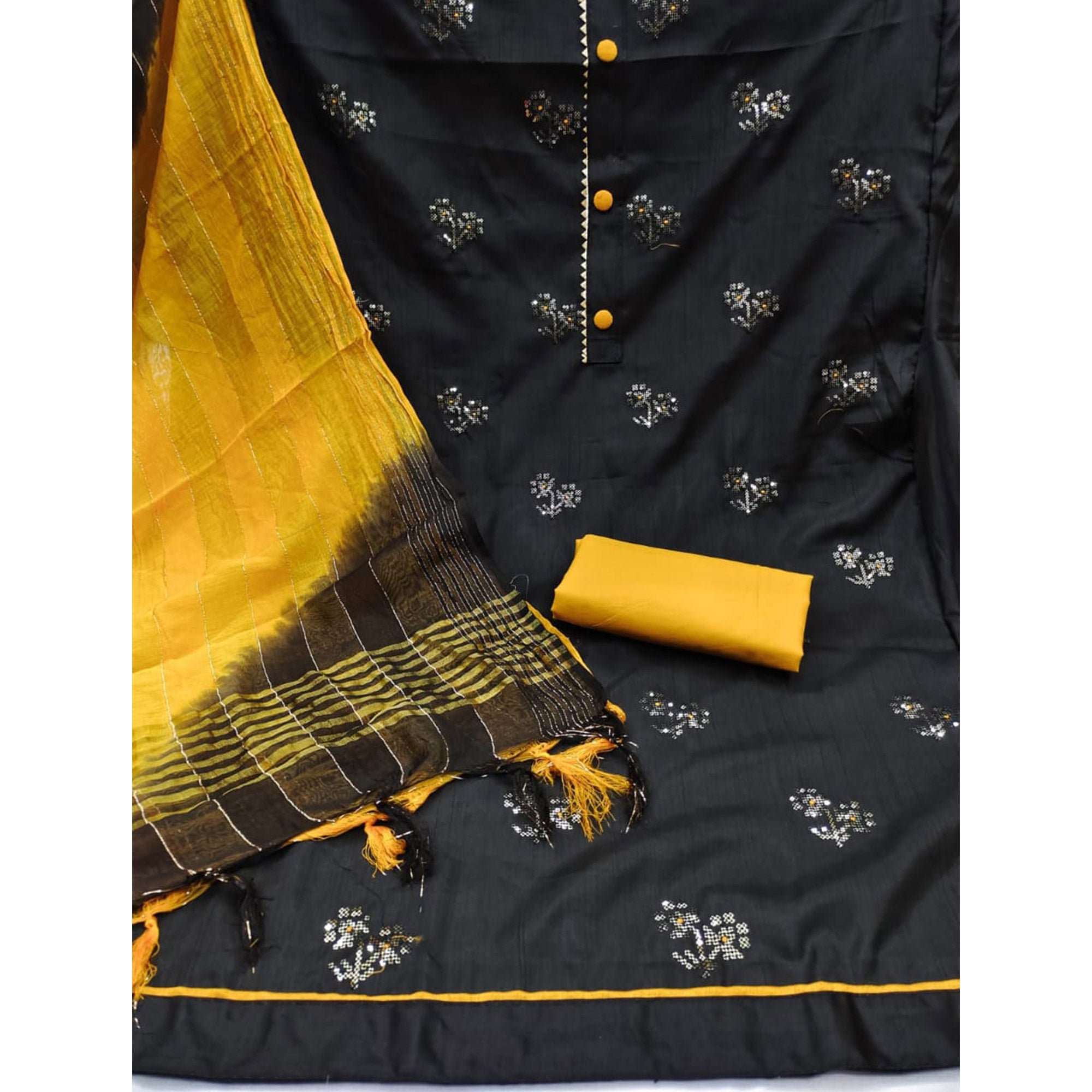 Black Floral Sequins Embroidered Art Silk Dress Material