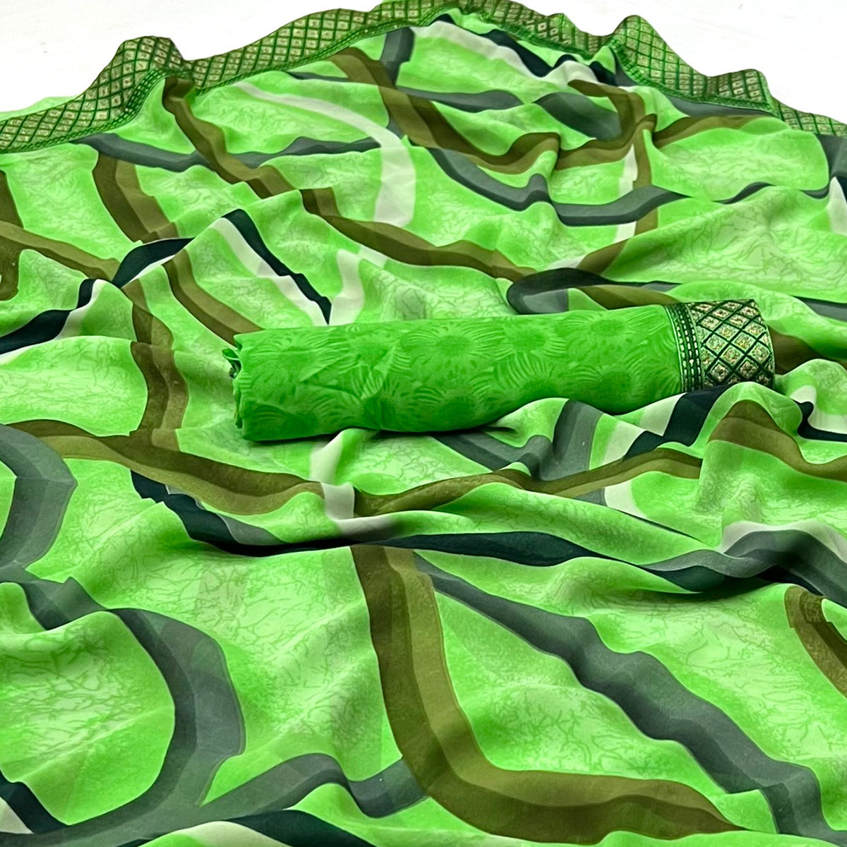 Green Printed Georgette Saree