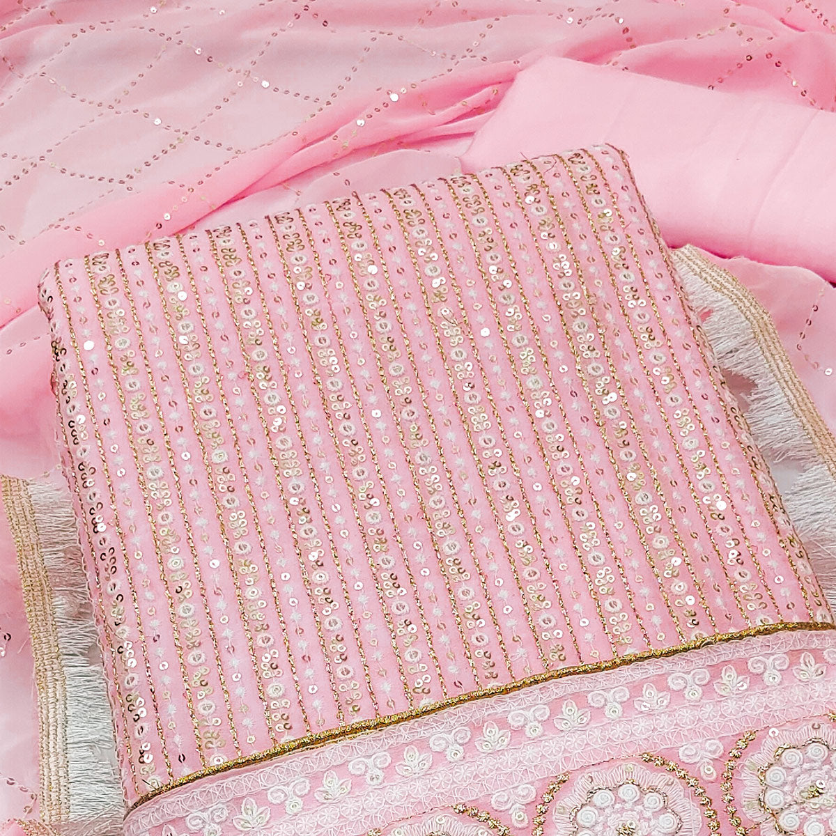 Pink Sequins Embroidered Georgette Dress Material