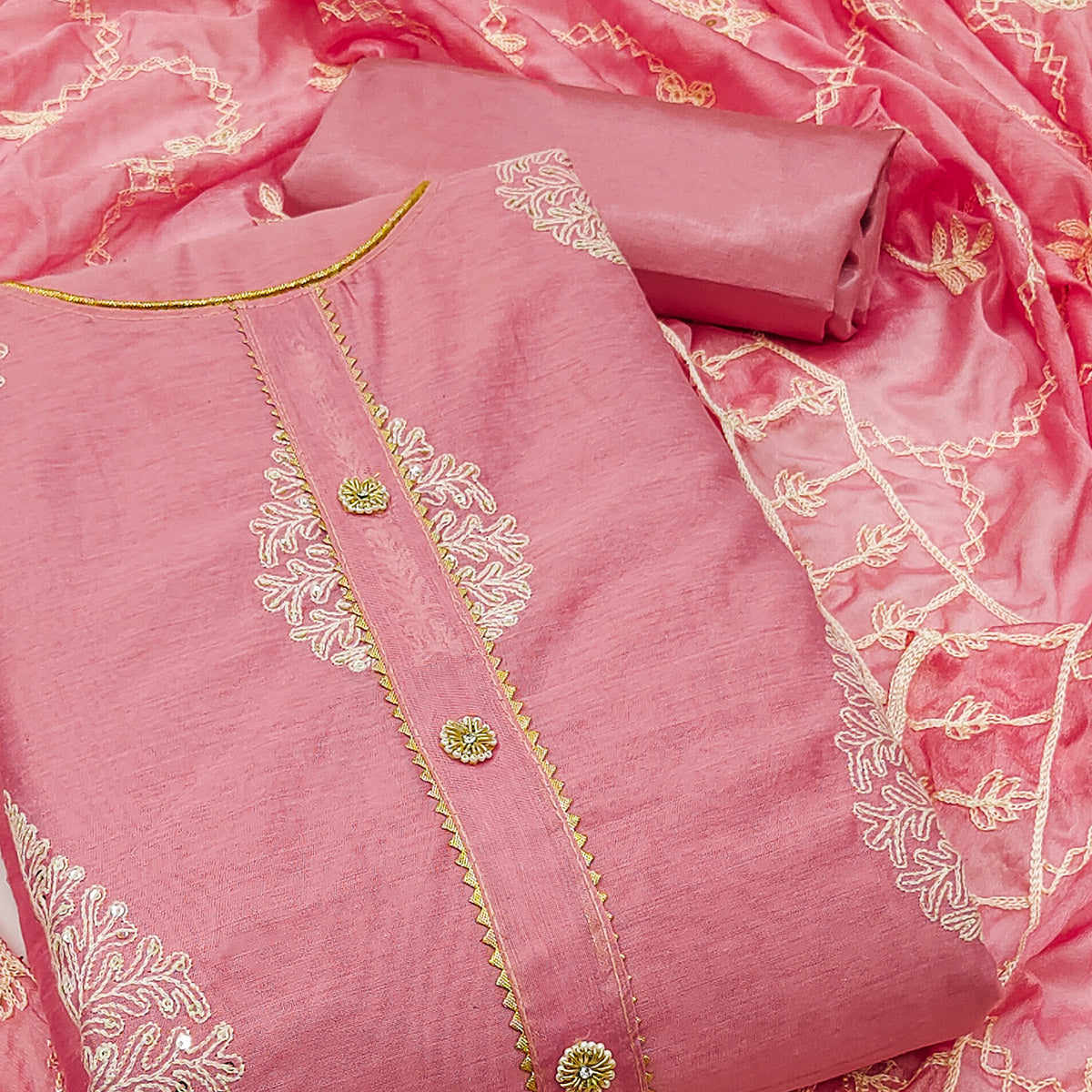 Pink Embroidered Chanderi Dress Material