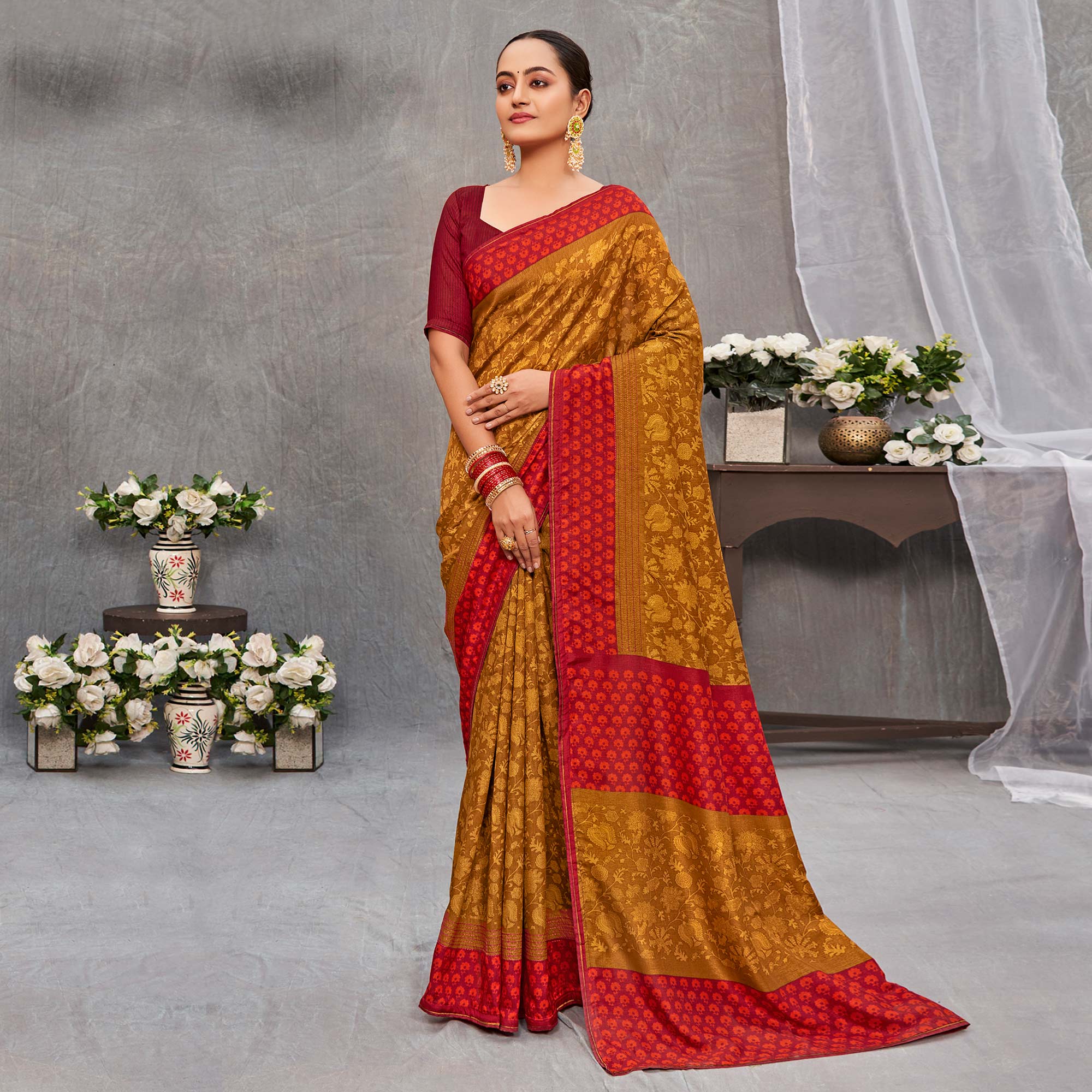 Mustard Floral Printed Tussar Silk Saree